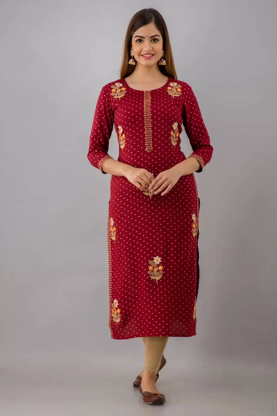 FABRR Rayon Printed Straight Women's Kurti - Maroon ( Pack of 1 )     			FABRR Rayon Printed Straight Women's Kurti - Maroon ( Pack of 1 )