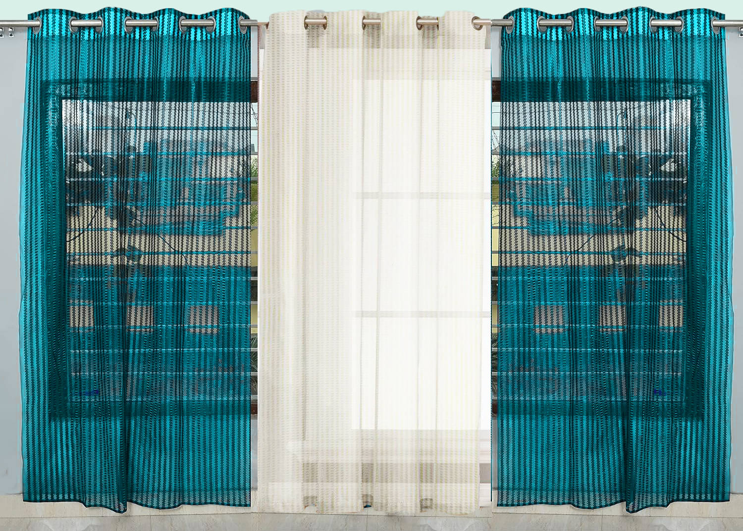     			BELLA TRUE Vertical Striped Sheer Eyelet Curtain 5 ft ( Pack of 3 )  Turquoise