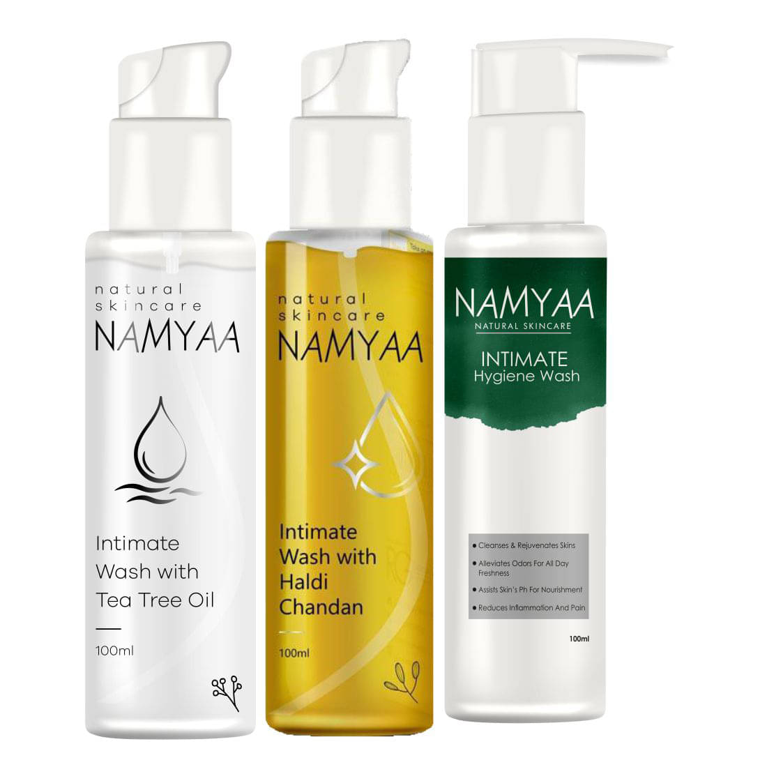 Namyaa Exclusive Intimate Hygiene Wash Combo- Green Tea,Haldi Chandan,Tea Tree Wash 300Ml|Pack Of 3 Namyaa Exclusive Intimate Hygiene Wash Combo- Green Tea,Haldi Chandan,Tea Tree Wash 300Ml|Pack Of 3