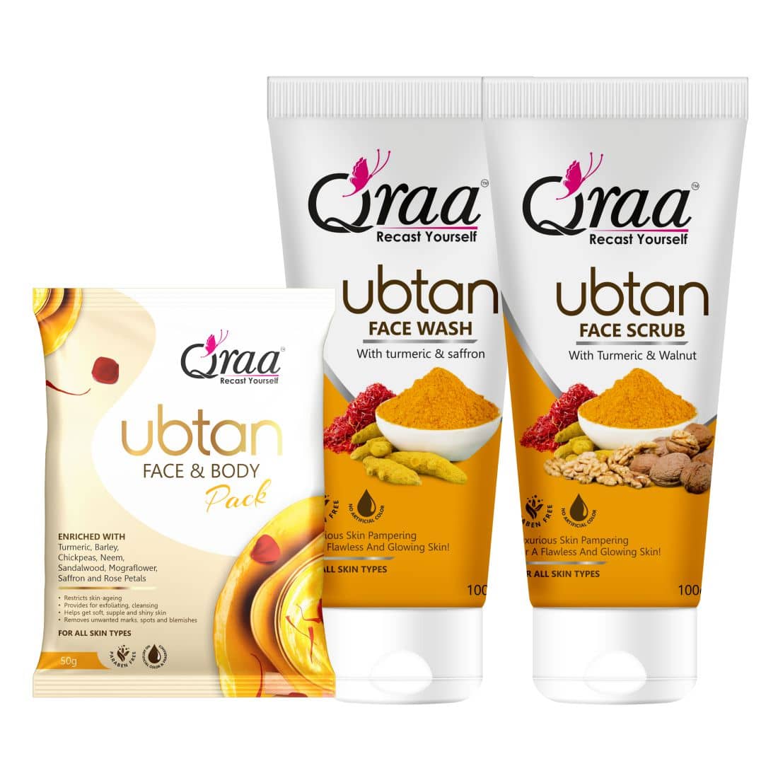 Qraa Ubtan Kit -For Glow And Brightening | Ubtan Facewash 100G, Ubtan Scrub 100G & Ubtan Pack 50G