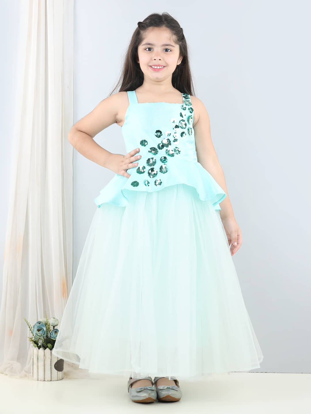 Toy Balloon Kids Net Fit And Flare Dress For Girls ( Pack of 1 , Sea Green )