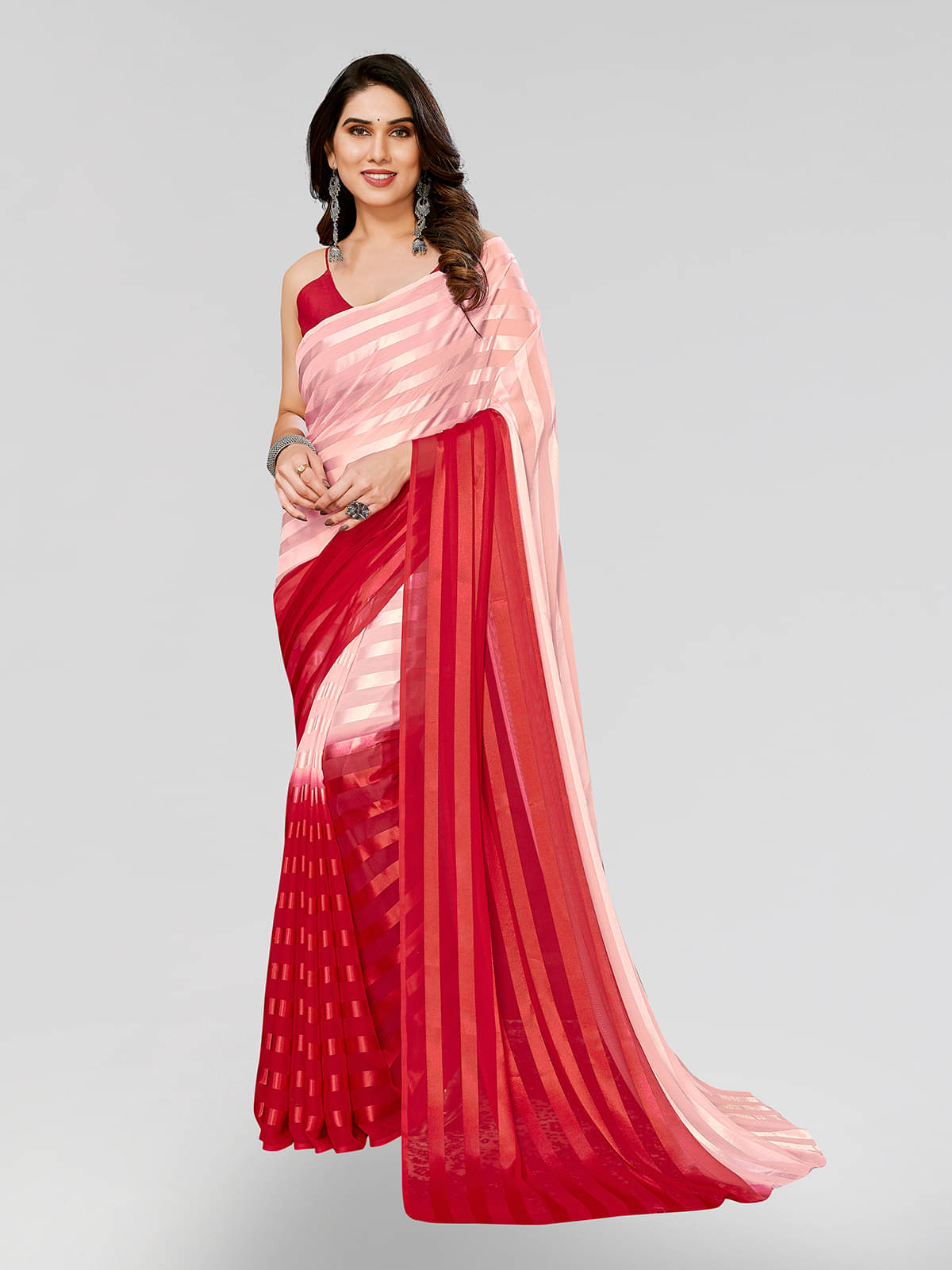     			ANAND SAREES Satin Striped Saree With Unstitched Blouse Piece ( Peach )