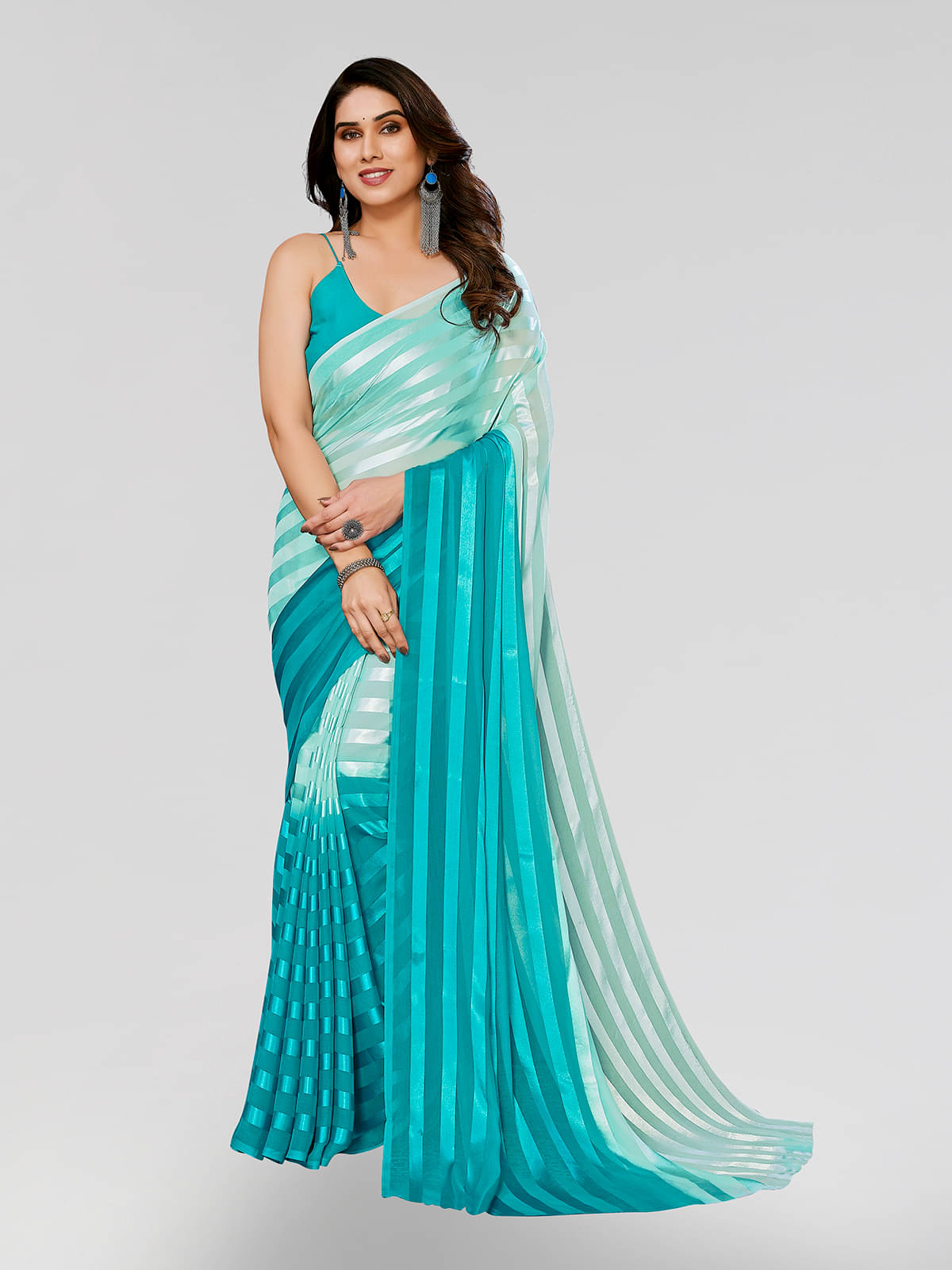 ANAND SAREES Satin Striped Saree Without Blouse Piece ( Blue )     			ANAND SAREES Satin Striped Saree Without Blouse Piece ( Blue )
