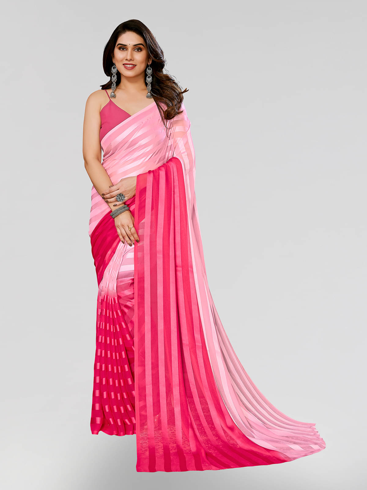     			ANAND SAREES Satin Striped Saree With Unstitched Blouse Piece ( Pink )