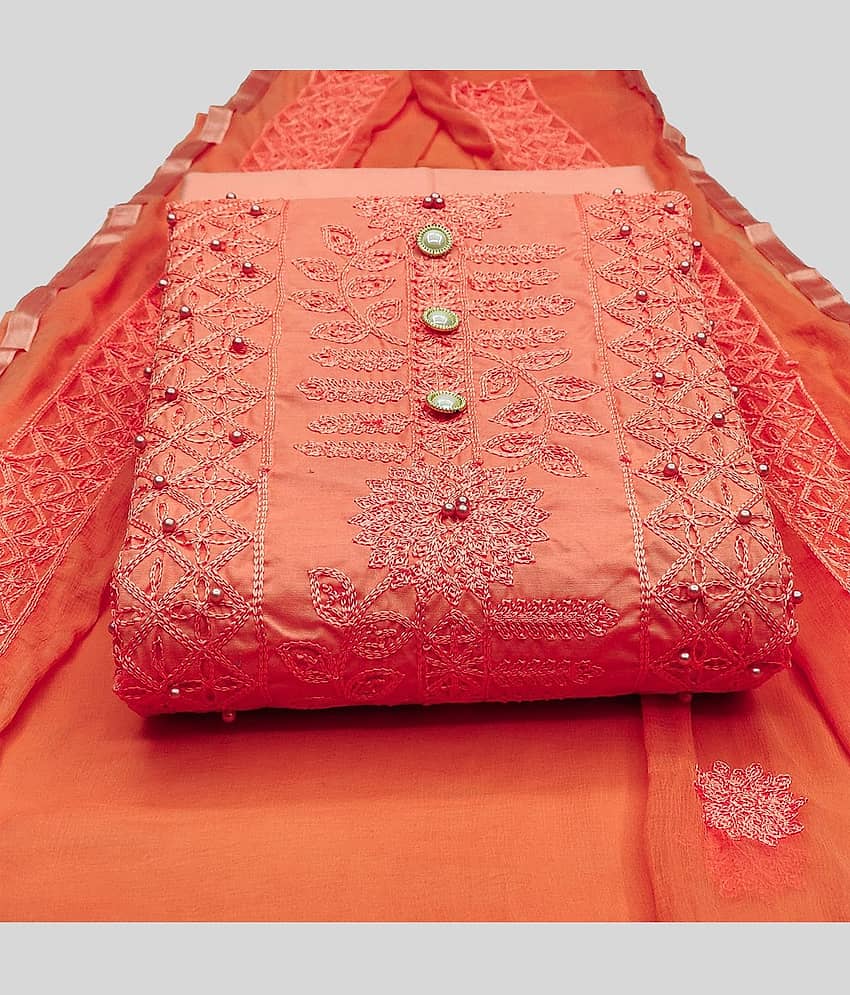 Gazal Fashions Unstitched Cotton Blend Embroidered Dress Material - Orange ( Pack of 1 ) - Unstitched Fabrics | Buy online on ZillyBuy