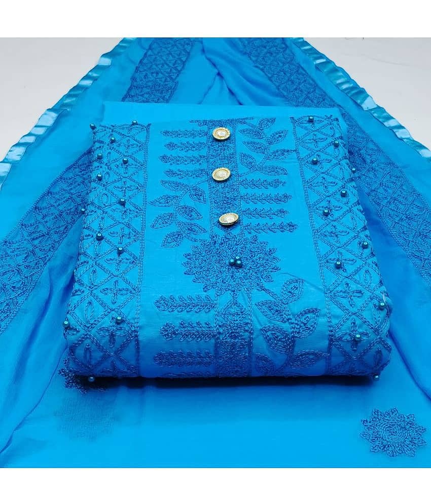 Gazal Fashions Unstitched Cotton Blend Embroidered Dress Material - Blue ( Pack of 1 ) - Unstitched Fabrics | Buy online on ZillyBuy