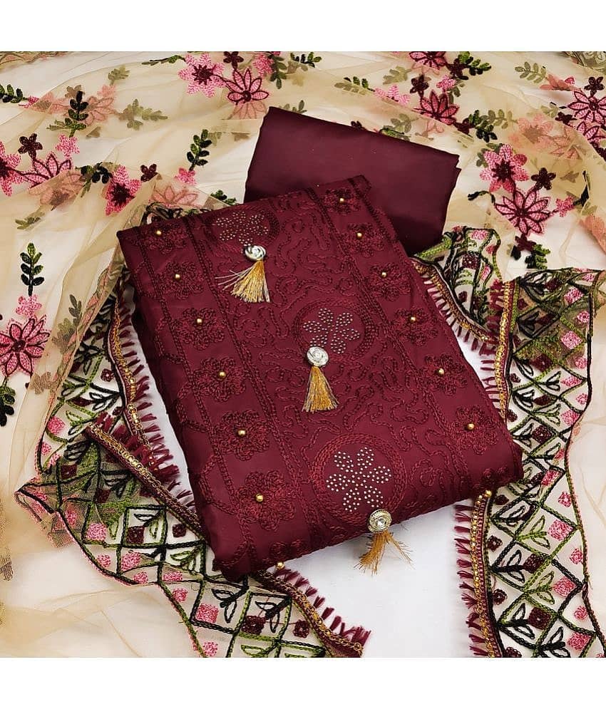 Gazal Fashions Unstitched Cotton Embroidered Dress Material - Maroon ( Pack of 1 ) - Unstitched Fabrics | Buy online on ZillyBuy