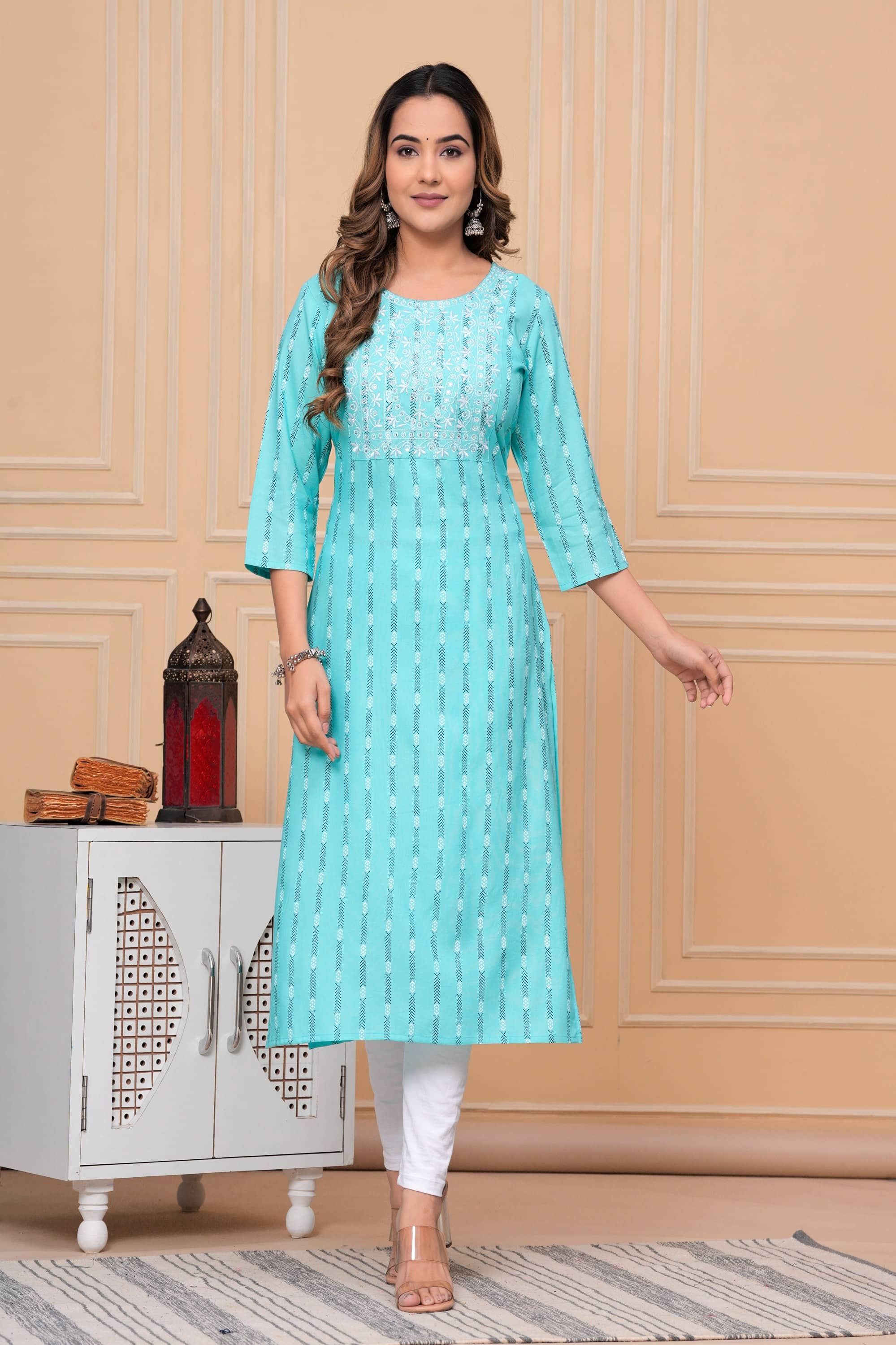GlowWorld Rayon Embroidered Straight Women's Kurti - Light Blue ( Pack of 1 ) - Kurtis, Tunics | Buy online on ZillyBuy