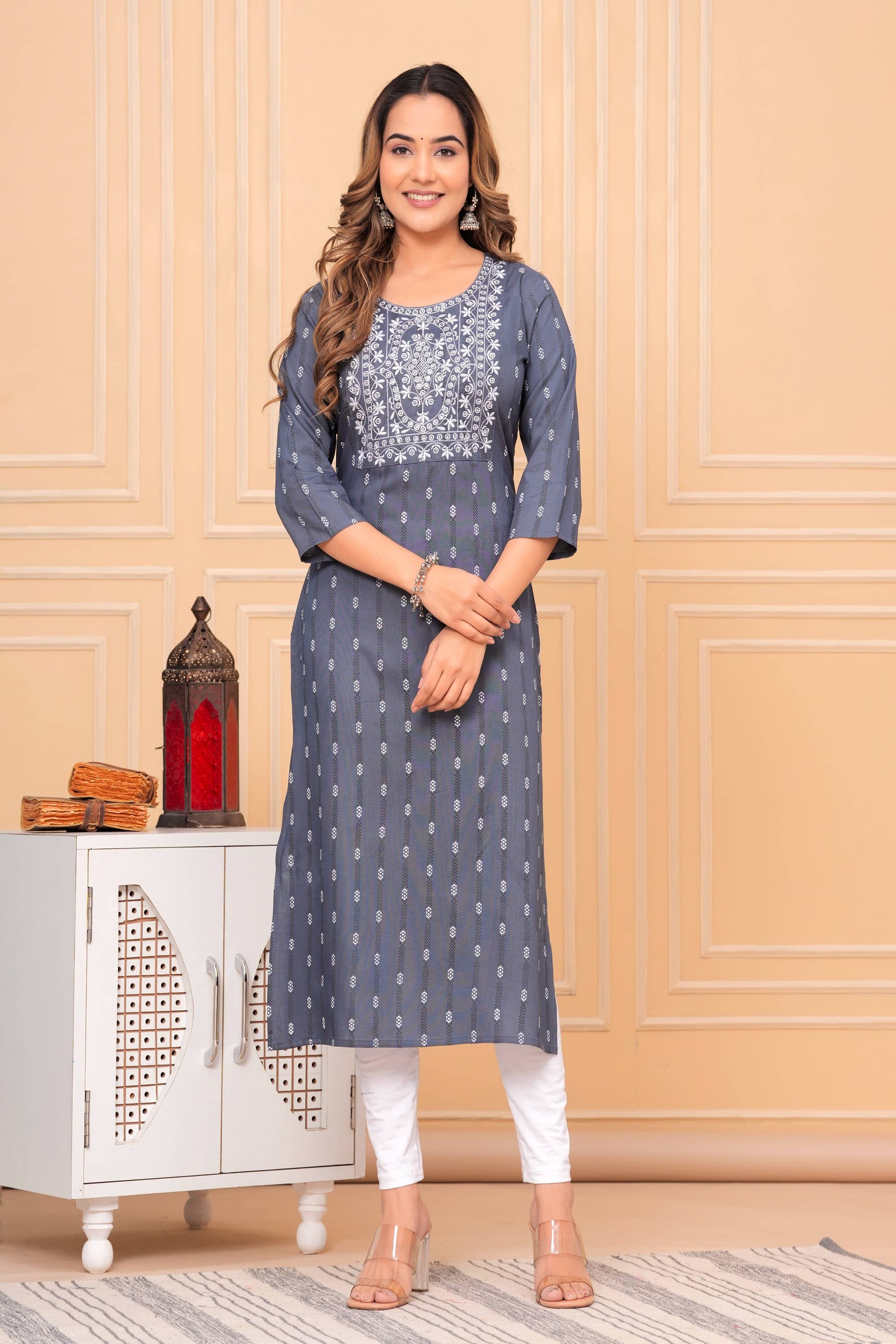 GlowWorld Rayon Embroidered Straight Women's Kurti - Grey ( Pack of 1 ) - Kurtis, Tunics | Buy online on ZillyBuy