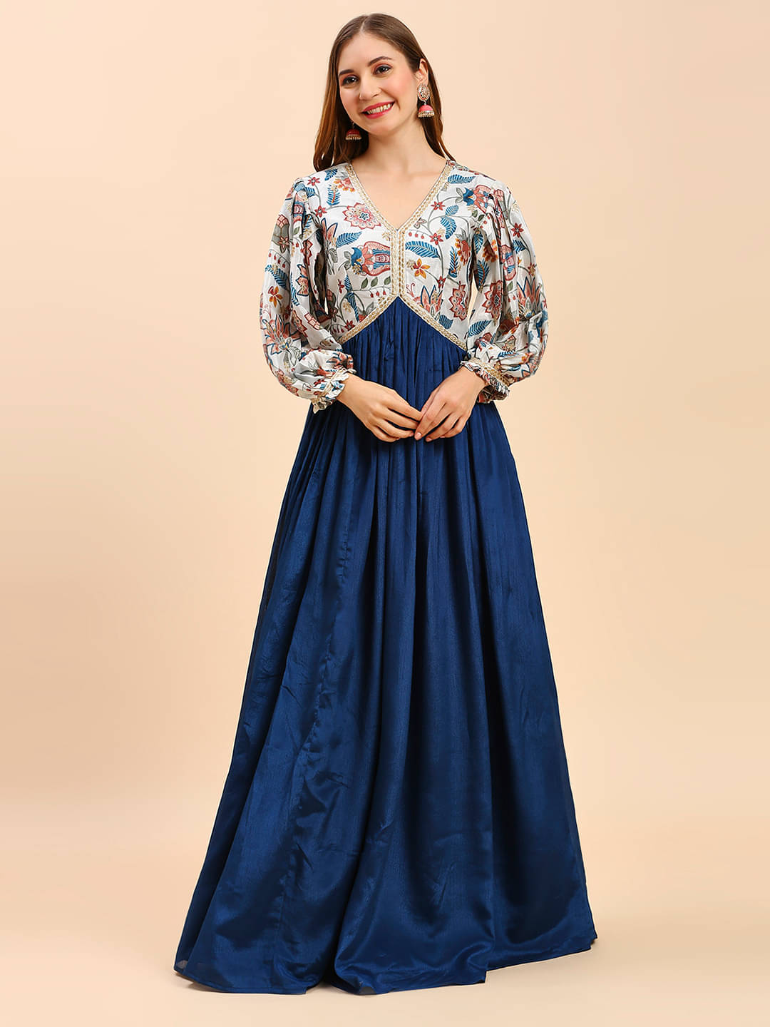     			Madhuram Textiles Silk Printed Full Length Women's Gown - Blue ( Pack of 1 )