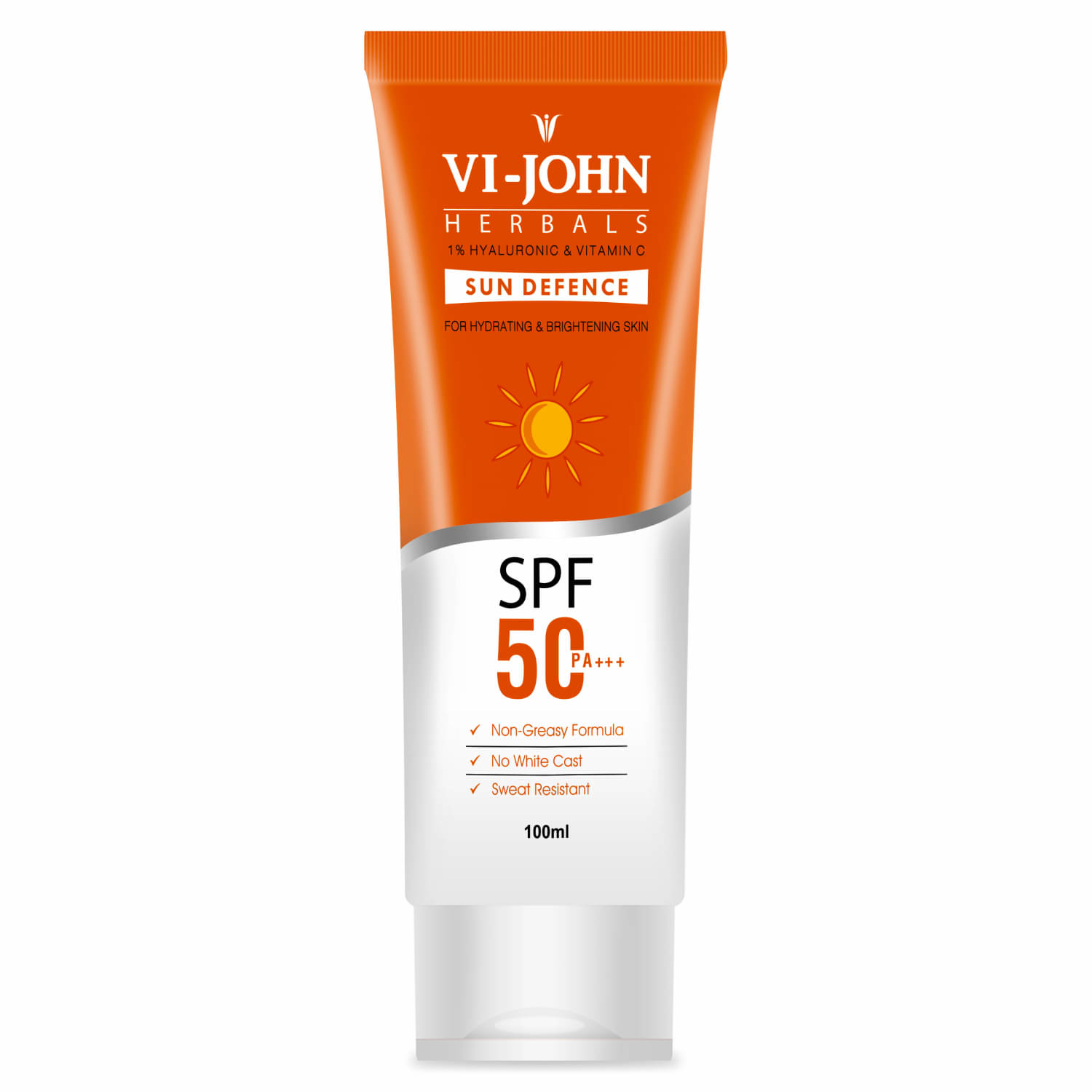 VI-JOHN Herbals Sun Defense Sunscreen SPF 50 PA+++ Broad Spectrum With Hyaluronic & Vitamin C 100ml VI-JOHN Herbals Sun Defense Sunscreen SPF 50 PA+++ Broad Spectrum With Hyaluronic & Vitamin C 100ml