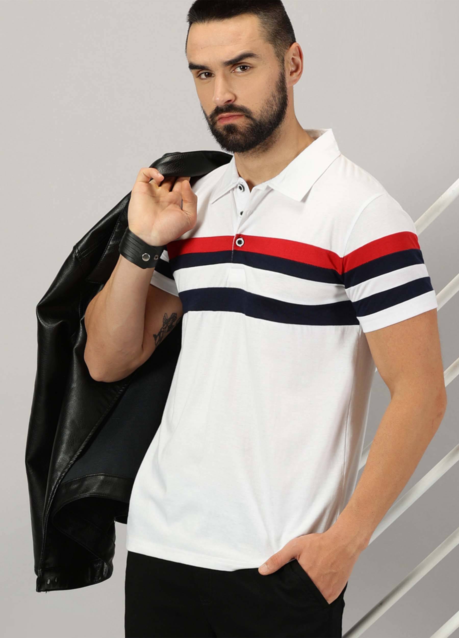     			AUSK Pack of 1 Cotton Blend Regular Fit Striped Half Sleeves Men's Polo T Shirt ( White )