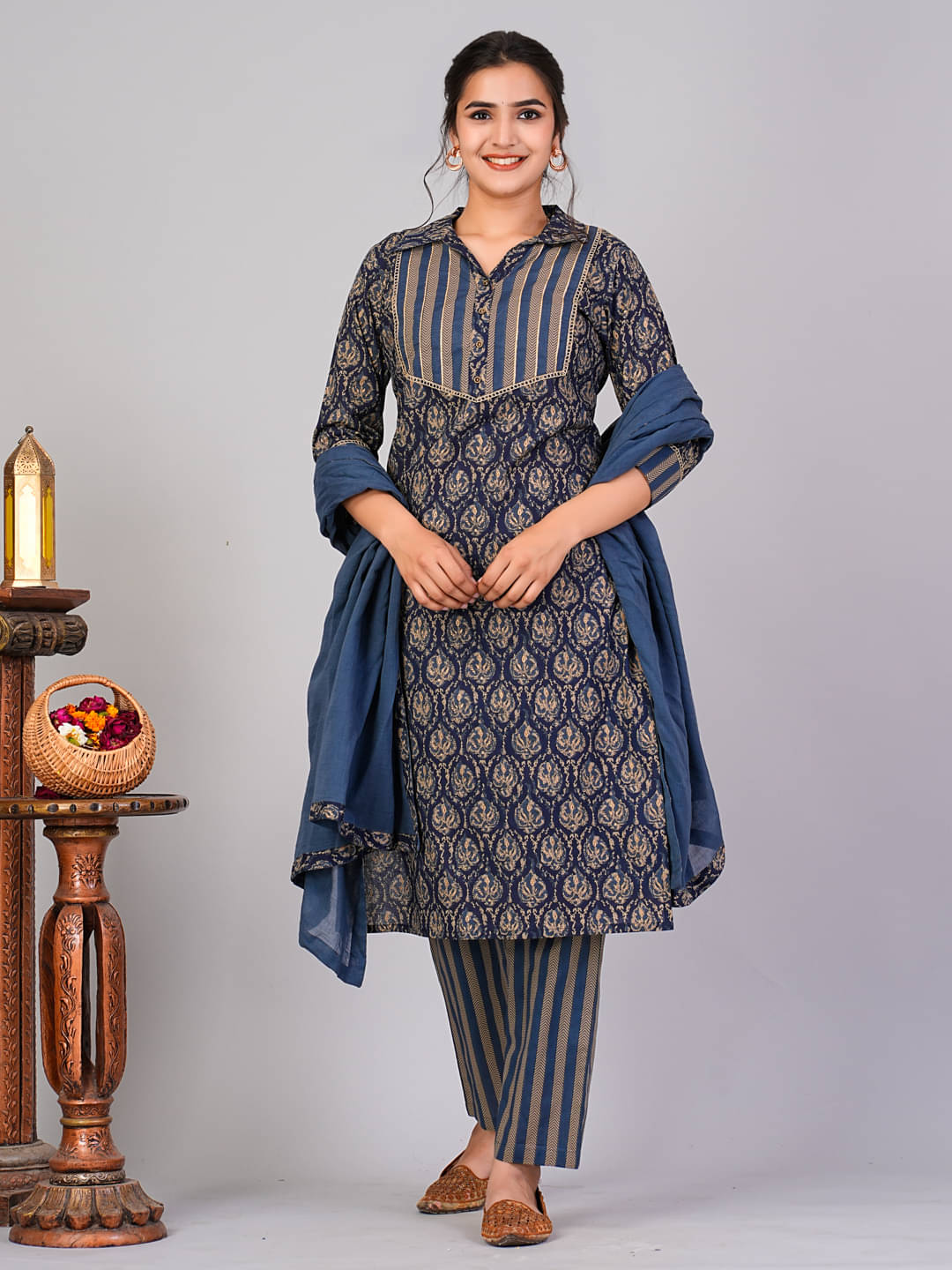 Flamboyant Cotton Printed Kurti With Pants Women's Stitched Salwar Suit - Blue ( Pack of 1 ) Flamboyant Cotton Printed Kurti With Pants Women's Stitched Salwar Suit - Blue ( Pack of 1 )