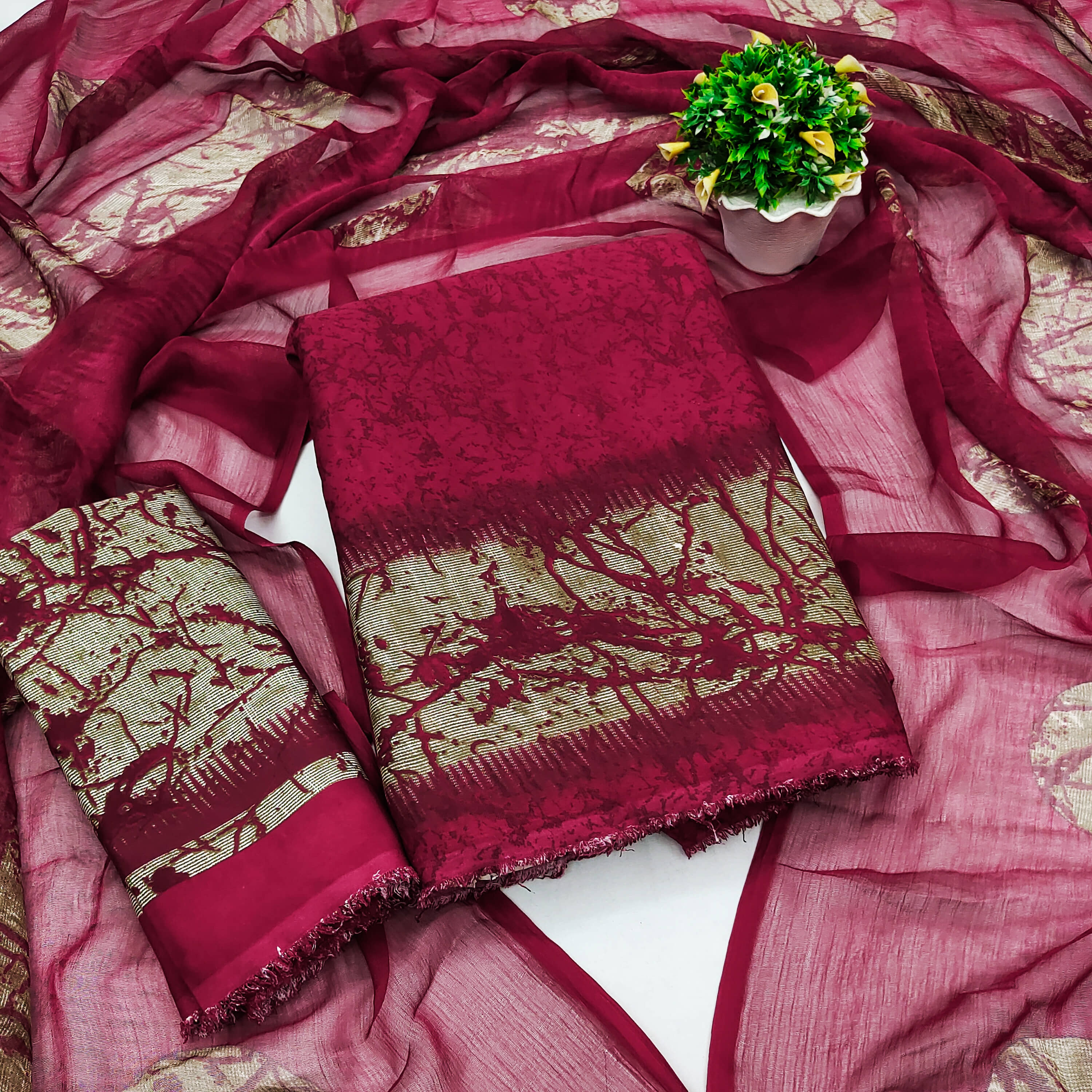 Kashvi Unstitched Crepe Dyed Dress Material - Maroon ( Pack of 1 ) - Unstitched Fabrics | Buy online on ZillyBuy