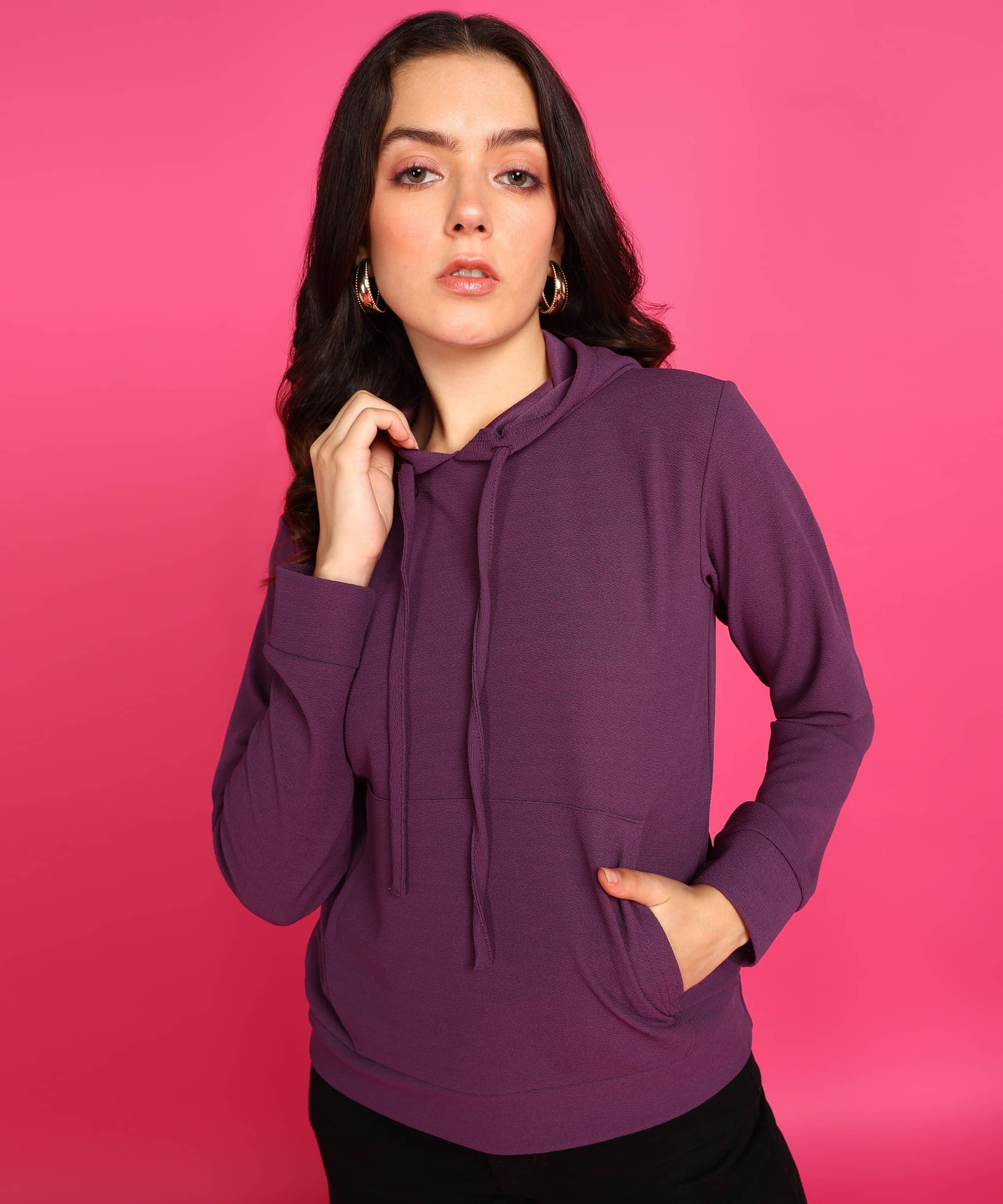 POPWINGS Women Polyester Hooded Sweatshirt ( Purple )     			POPWINGS Women Polyester Hooded Sweatshirt ( Purple )