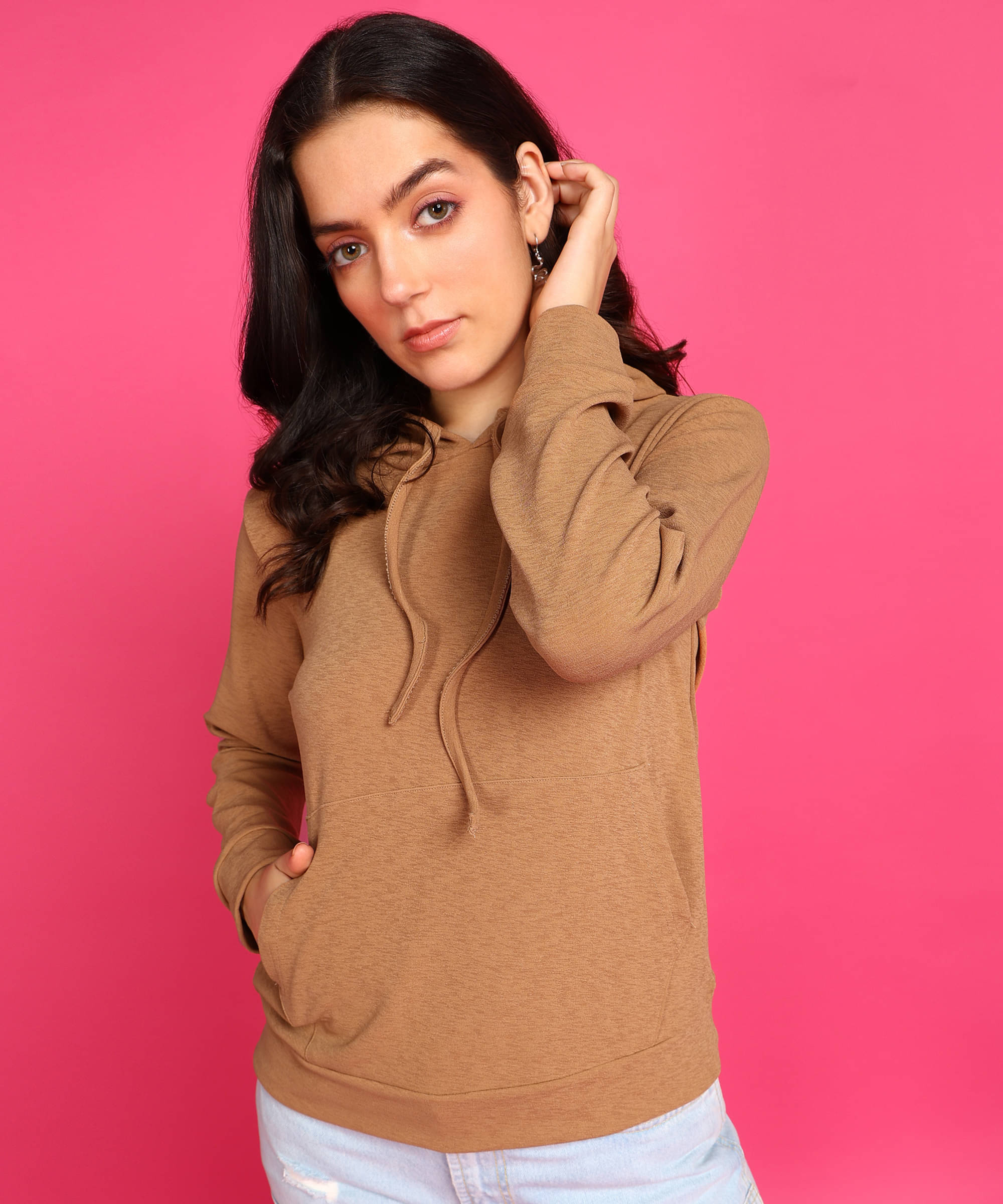 POPWINGS Women Polyester Hooded Sweatshirt ( Brown )     			POPWINGS Women Polyester Hooded Sweatshirt ( Brown )
