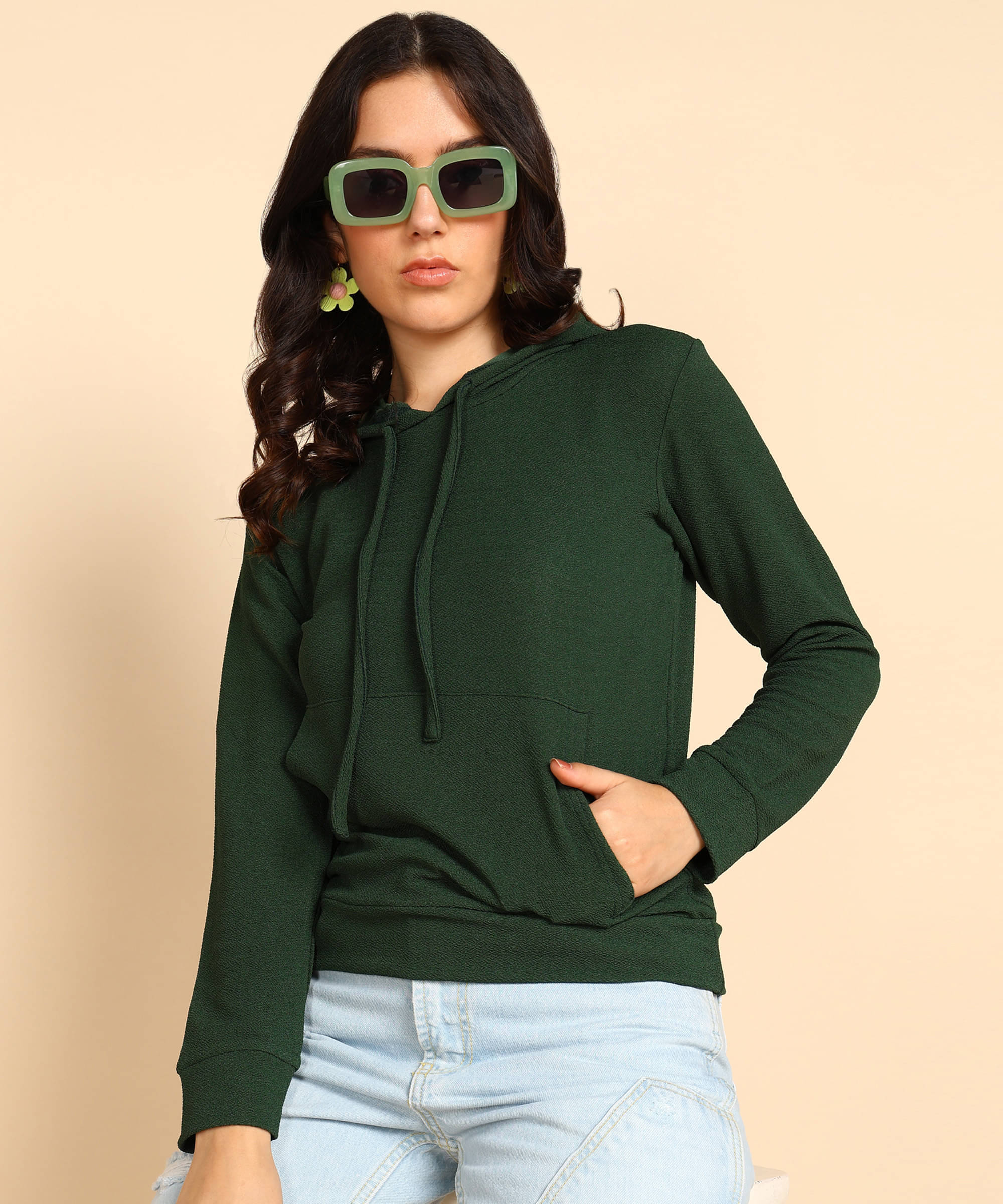 POPWINGS Women Polyester Hooded Sweatshirt ( Green )     			POPWINGS Women Polyester Hooded Sweatshirt ( Green )