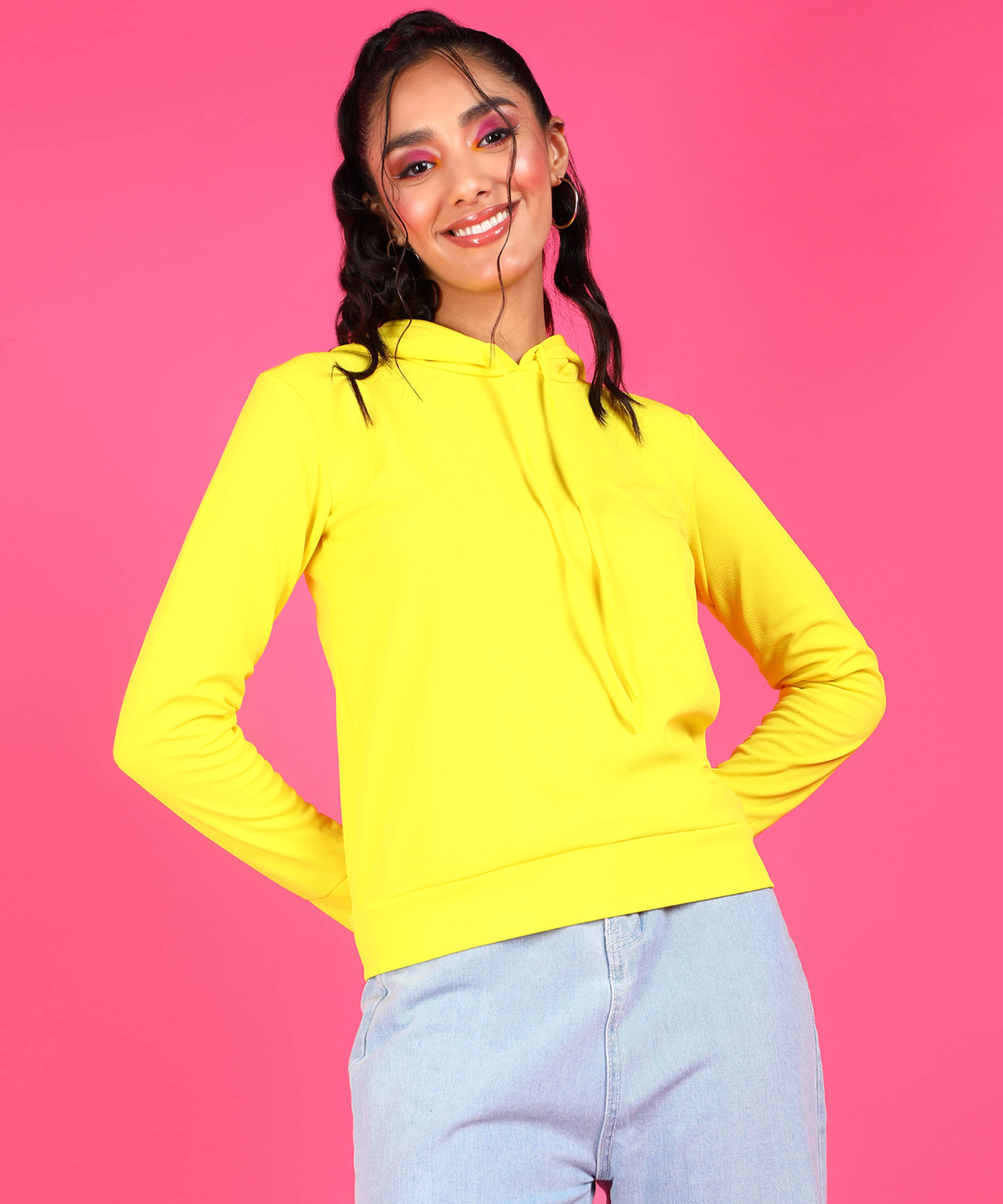 POPWINGS Women Polyester Hooded Sweatshirt ( Yellow )     			POPWINGS Women Polyester Hooded Sweatshirt ( Yellow )