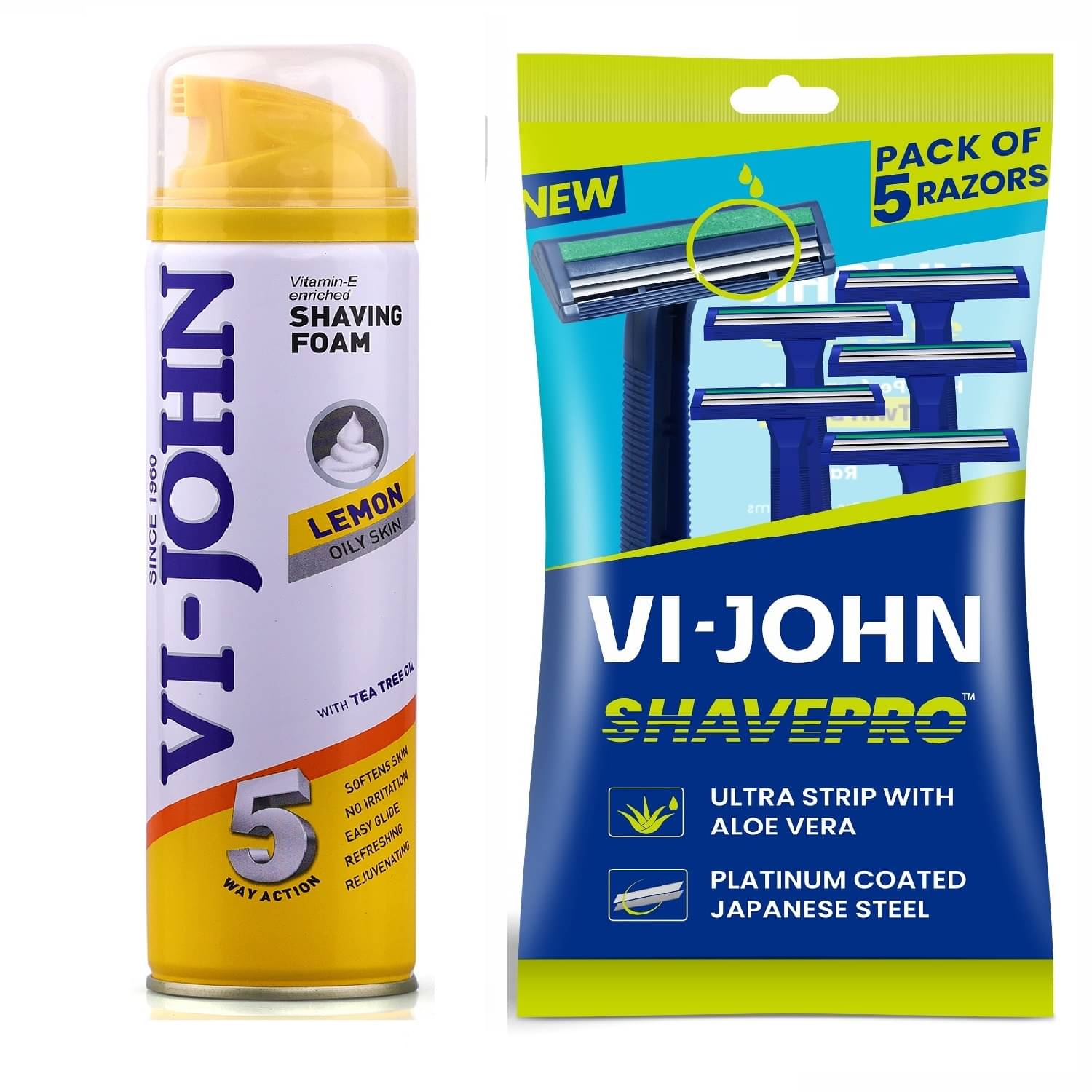     			VI-JOHN Lemon Shaving foam 200ml & ShavePro Twin Blade Disposable Razor 5 PCS -Pack of 2