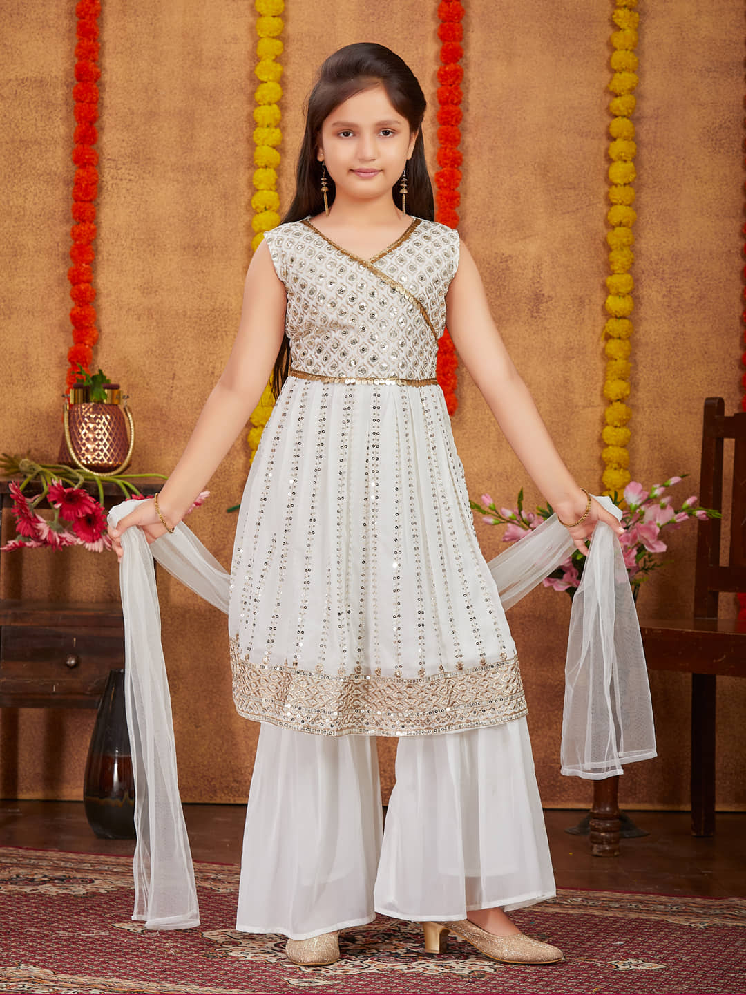 Aarika Girls Georgette Kurta and Sharara Set ( Pack of 1 , Off White )