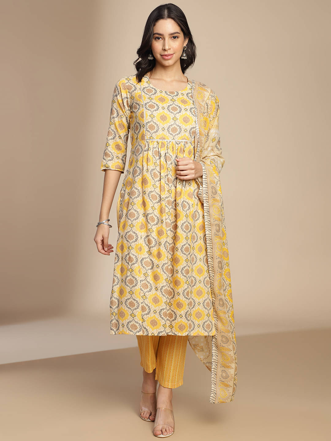     			Aarrah Women Cotton Blend Printed Flared Kurti With Salwar ( Yellow )