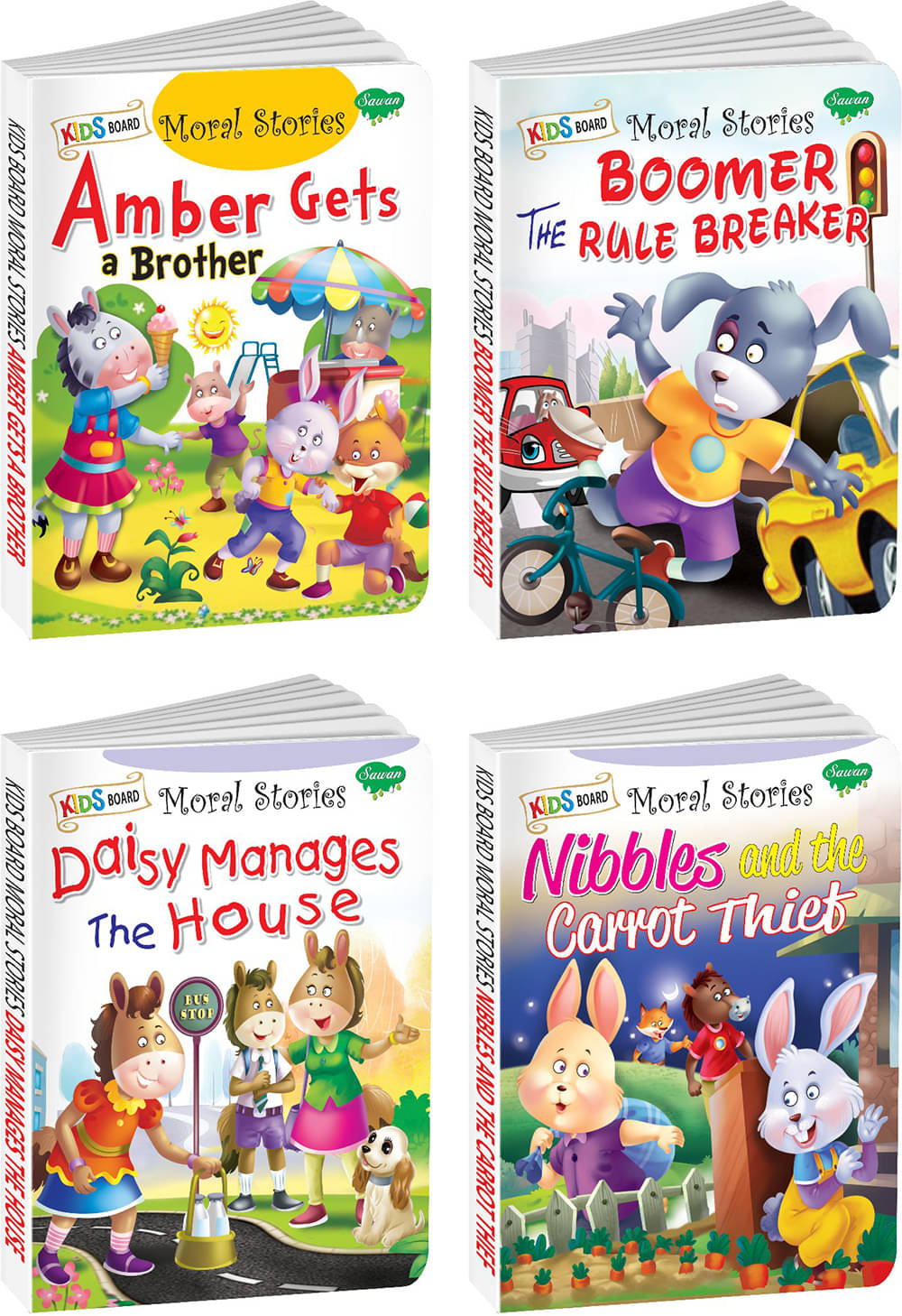 Amber Gets A Brother, Boomer The Rule Breaker, Daisy Manages The House, Nibble And The Carrot Thief | Set Of 4 Kids Board Moral Stories By Sawan (Board Book, Manoj Publications Editorial Board)     			Amber Gets A Brother, Boomer The Rule Breaker, Daisy Manages The House, Nibble And The Carrot Thief | Set Of 4 Kids Board Moral Stories By Sawan (Board Book, Manoj Publications Editorial Board)