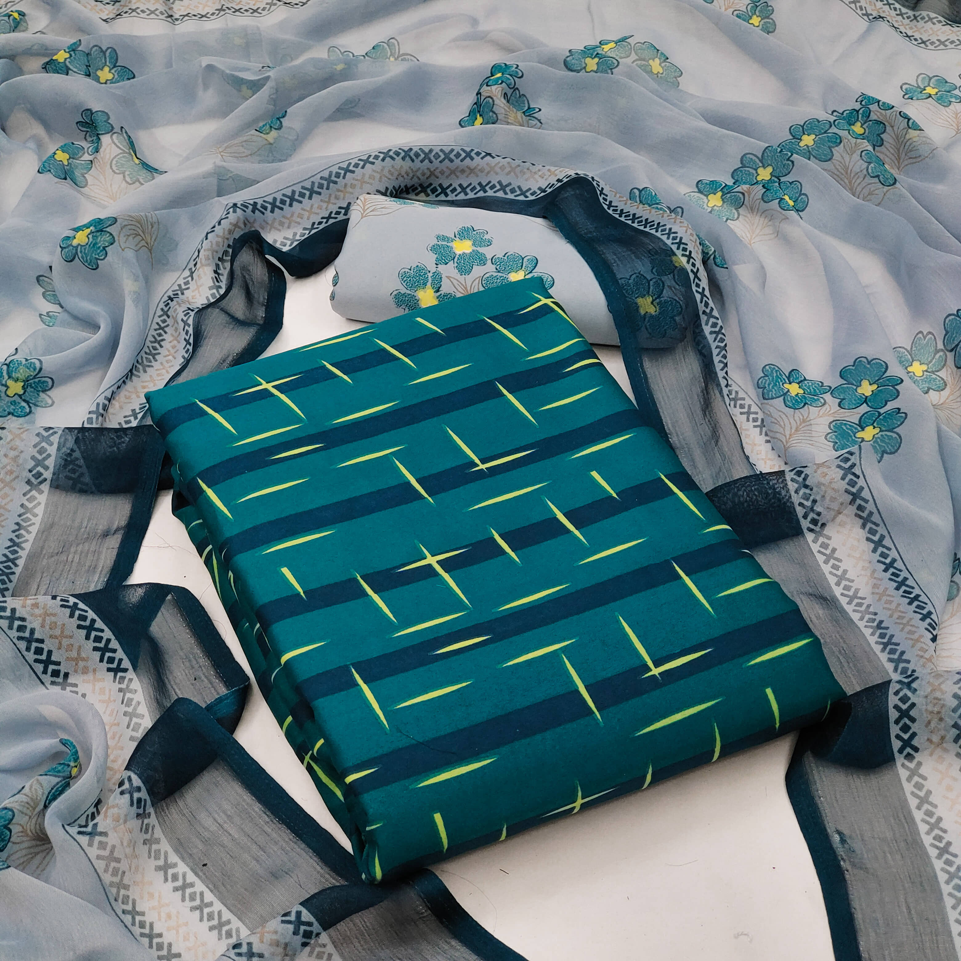 Anand Unstitched Crepe Printed Dress Material - Teal ( Pack of 1 ) - Unstitched Fabrics | Buy online on ZillyBuy