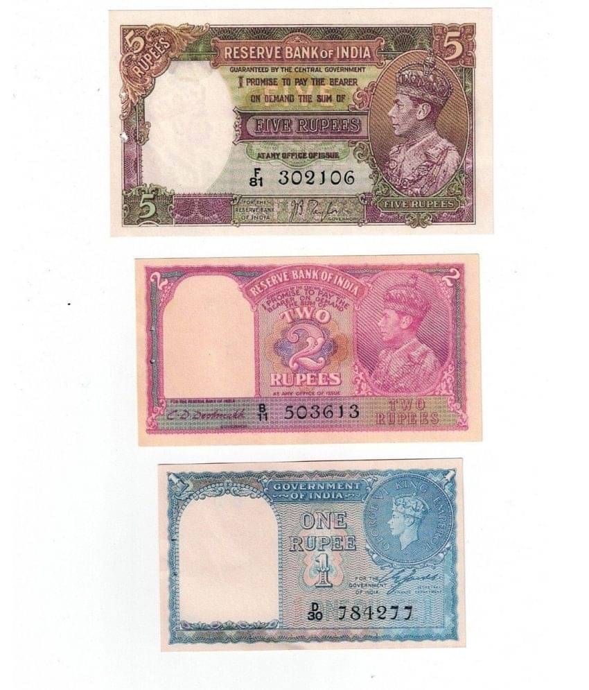 Combo of 3 British India KG VI 1,2 & 5 Rupees Fancy 3 Paper note only for collection Combo of 3 British India KG VI 1,2 & 5 Rupees Fancy 3 Paper note only for collection