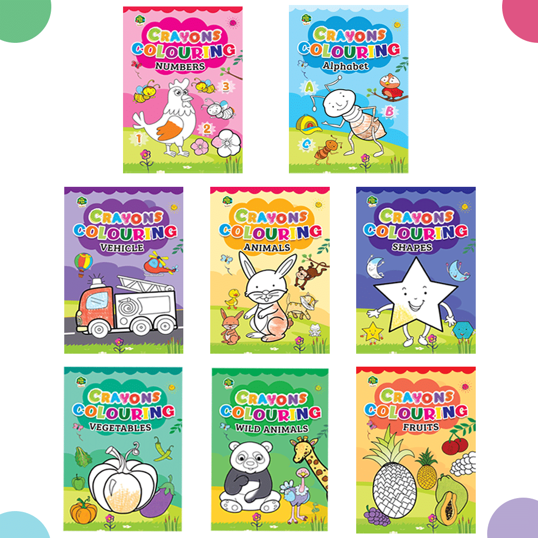     			Crayons Colouring Books for Kids (Set of 8 Books) - Alphabet, Animals, Vehicles, Vegetables, Numbers, Shapes, Wild Animals, and Fruits - [Paperback]