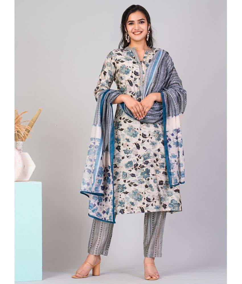 Flamboyant Chanderi Printed Kurti With Pants Women's Stitched Salwar Suit - Off White ( Pack of 1 ) Flamboyant Chanderi Printed Kurti With Pants Women's Stitched Salwar Suit - Off White ( Pack of 1 )