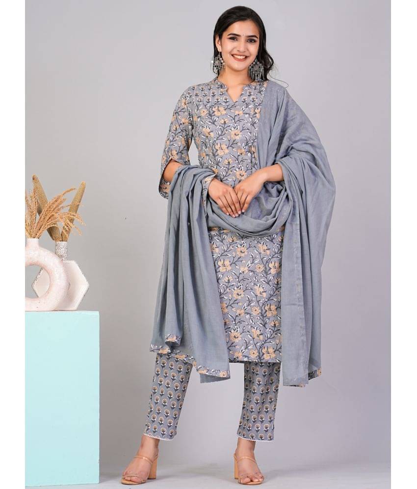     			Flamboyant Cotton Printed Kurti With Pants Women's Stitched Salwar Suit - Grey Melange ( Pack of 1 )