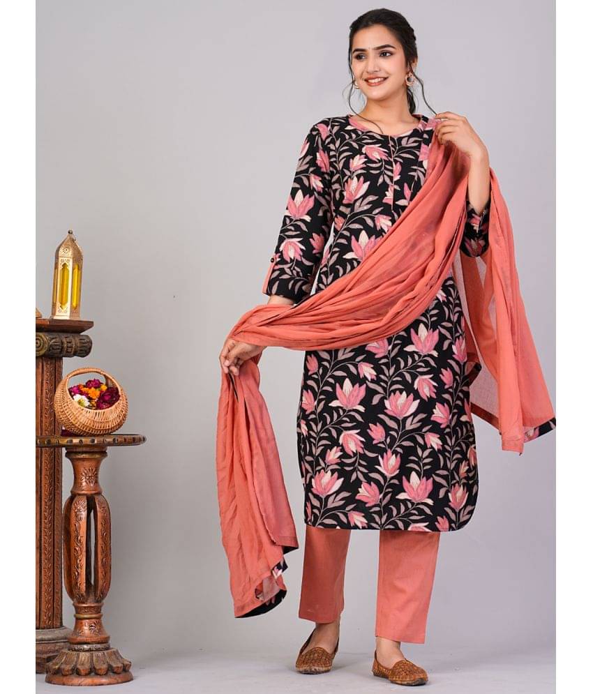     			Flamboyant Cotton Printed Kurti With Pants Women's Stitched Salwar Suit - Black ( Pack of 1 )