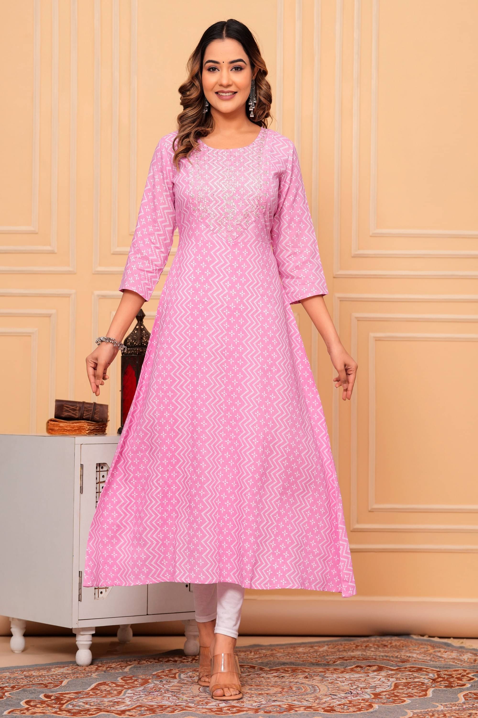 GlowWorld Cotton Printed Anarkali Women's Kurti - Pink ( Pack of 1 ) GlowWorld Cotton Printed Anarkali Women's Kurti - Pink ( Pack of 1 )