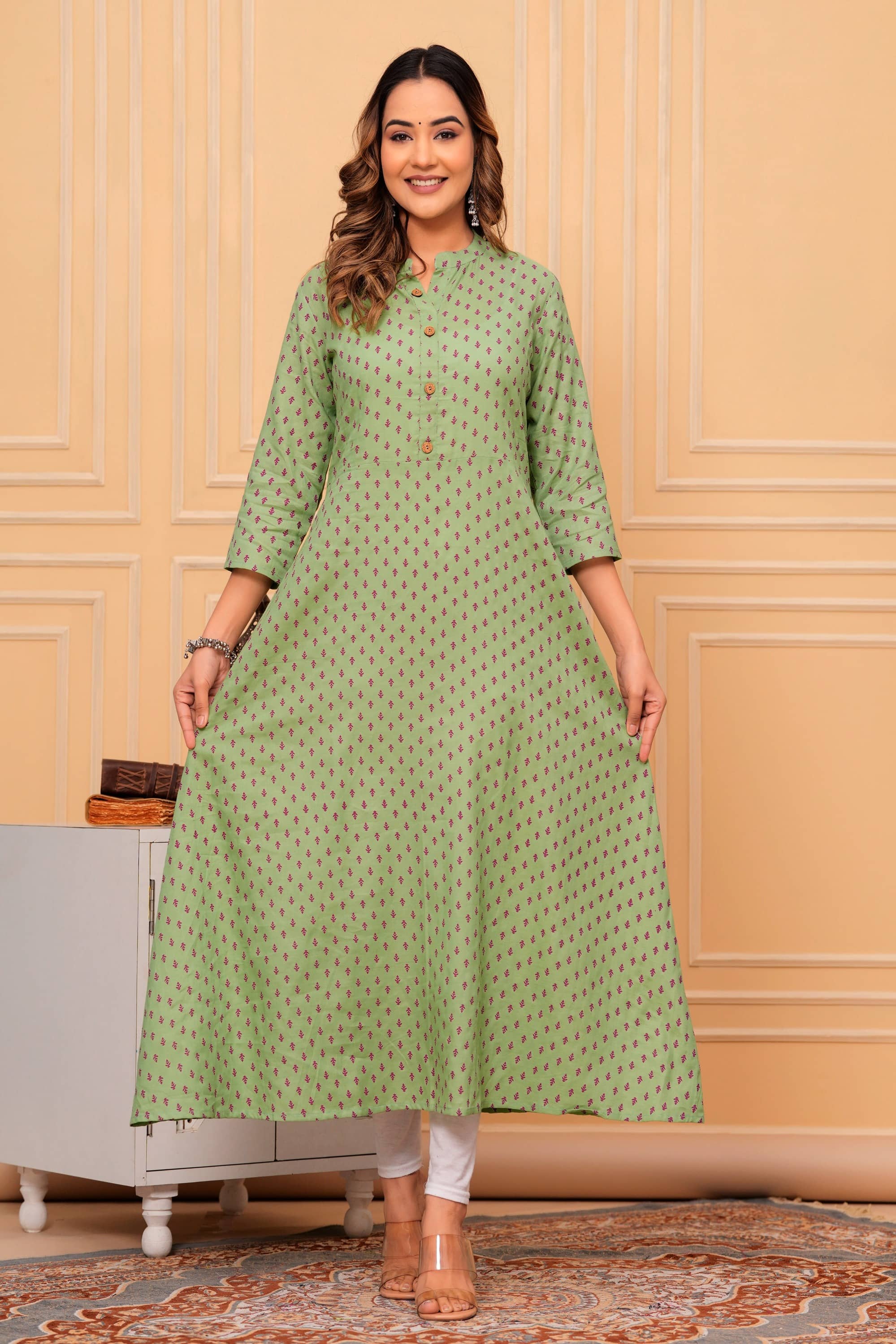 GlowWorld Cotton Printed Flared Women's Kurti - Green ( Pack of 1 ) - Kurtis, Tunics | Buy online on ZillyBuy