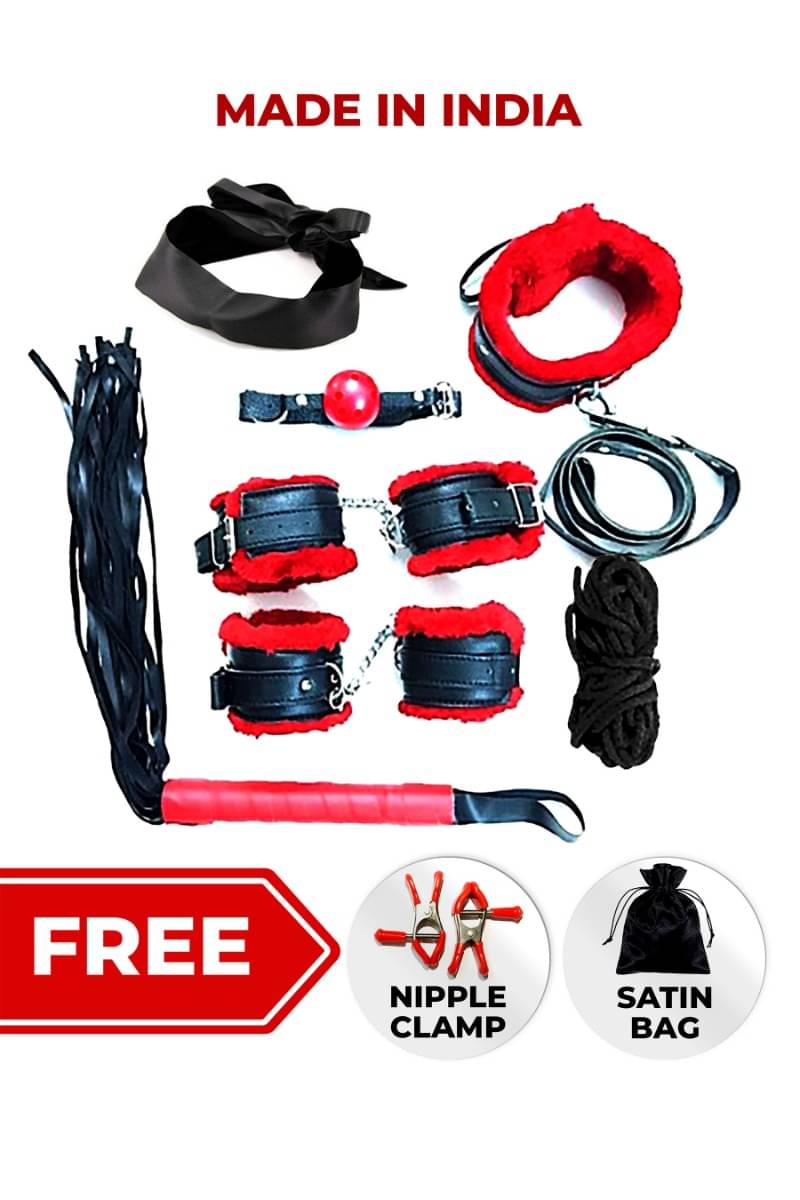     			Kamuk Life Black And Red Leather sexy fun Adult vibrator  BDSM Bondage Kit for Adult party dildo fun, honeymoon couples, SM Domination, gifting includes Handcuffs nipple clamps flogger blindfold mouth gag ankle cuff neck collar  total-8 pcs