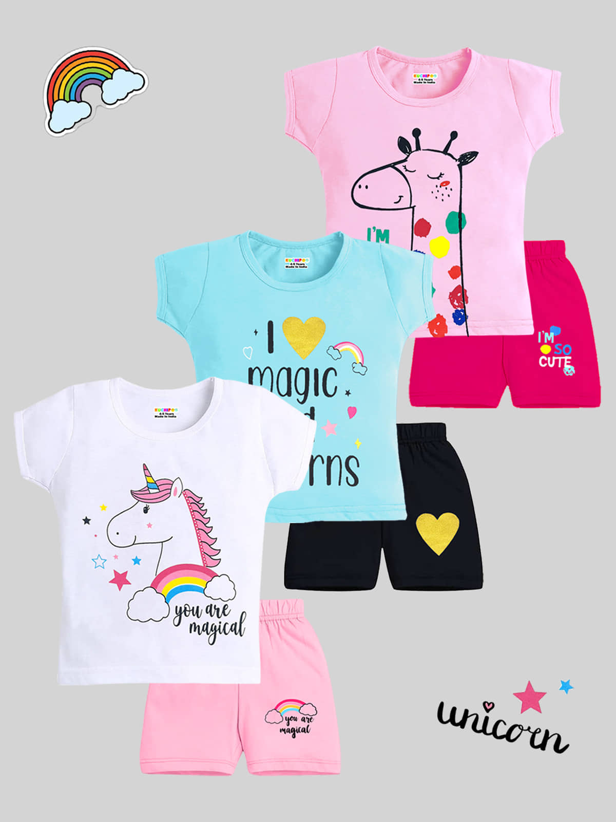 Kuchipoo Pack of 3 Baby Girls Cotton Blend Top & Shorts ( Multicolor )