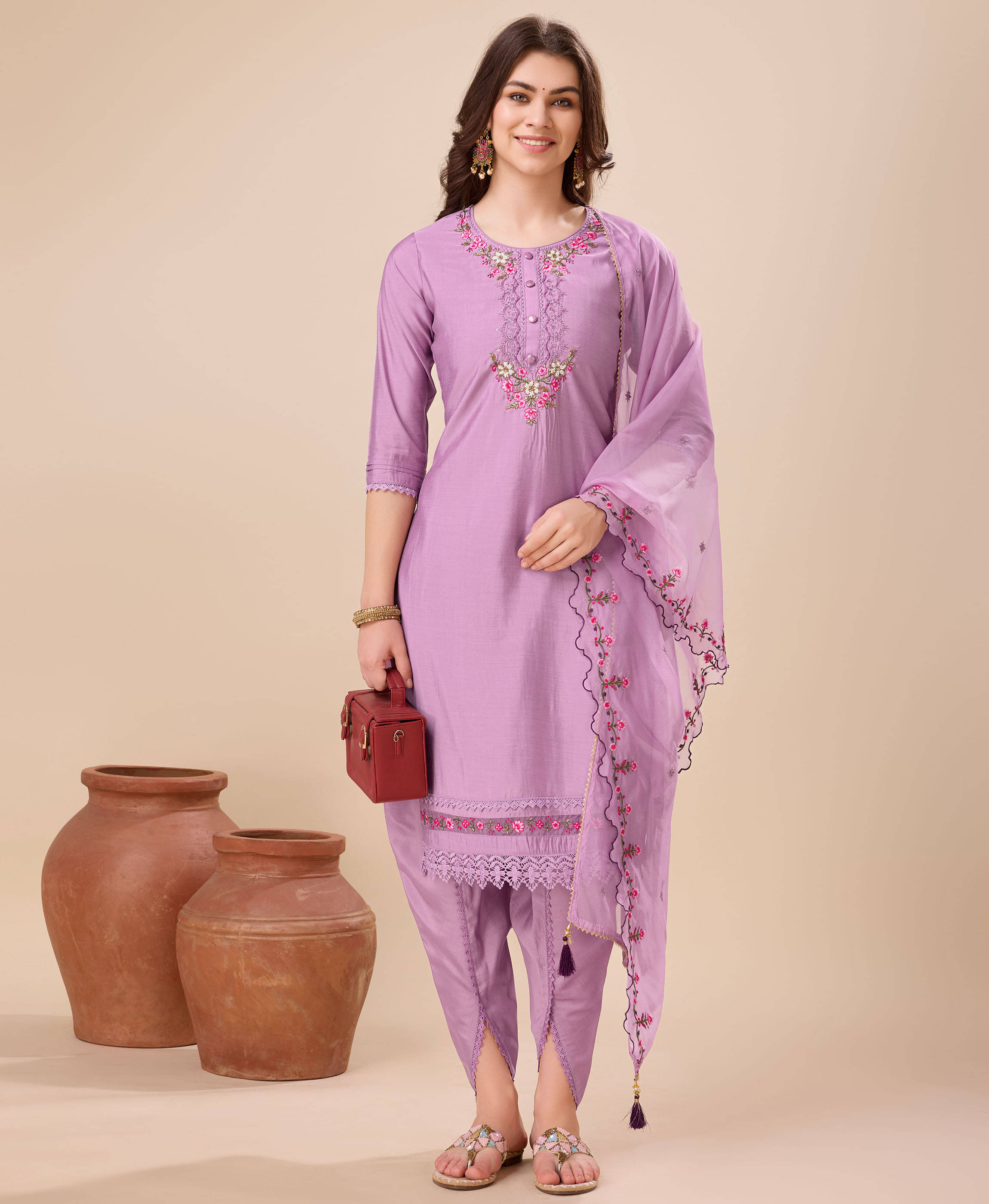     			MOJILAA Silk Embroidered Kurti With Dhoti Pants Women's Stitched Salwar Suit - Lavender ( Pack of 1 )