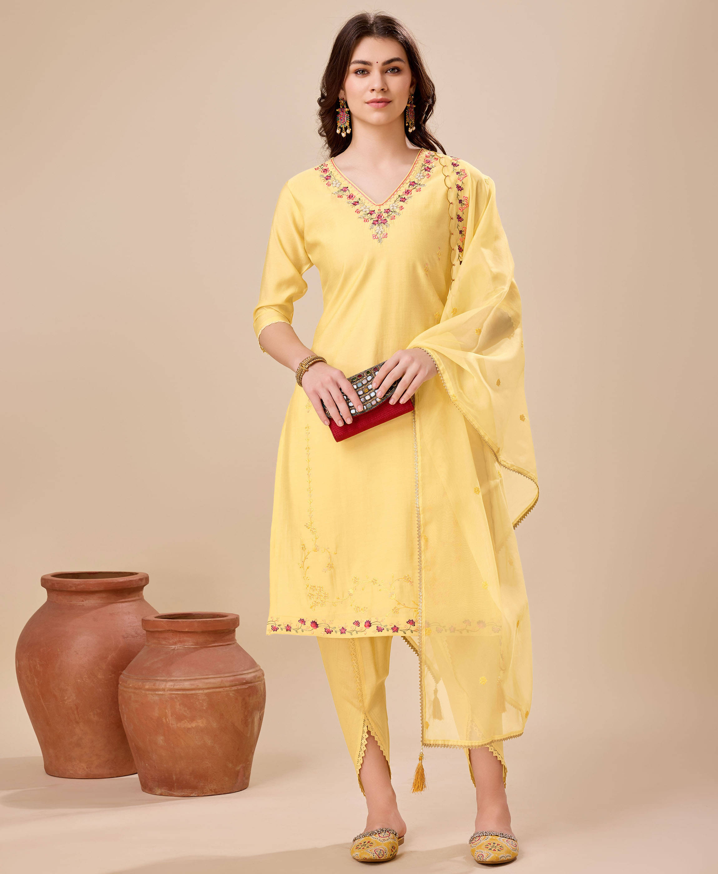 MOJILAA Silk Embroidered Kurti With Dhoti Pants Women's Stitched Salwar Suit - Yellow ( Pack of 1 ) MOJILAA Silk Embroidered Kurti With Dhoti Pants Women's Stitched Salwar Suit - Yellow ( Pack of 1 )