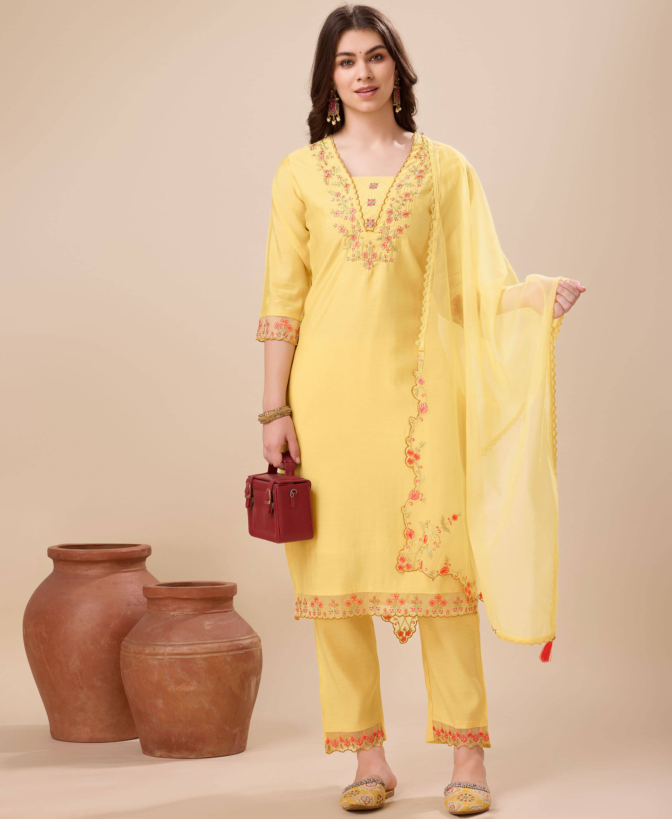 MOJILAA Silk Embroidered Kurti With Pants Women's Stitched Salwar Suit - Yellow ( Pack of 1 ) MOJILAA Silk Embroidered Kurti With Pants Women's Stitched Salwar Suit - Yellow ( Pack of 1 )