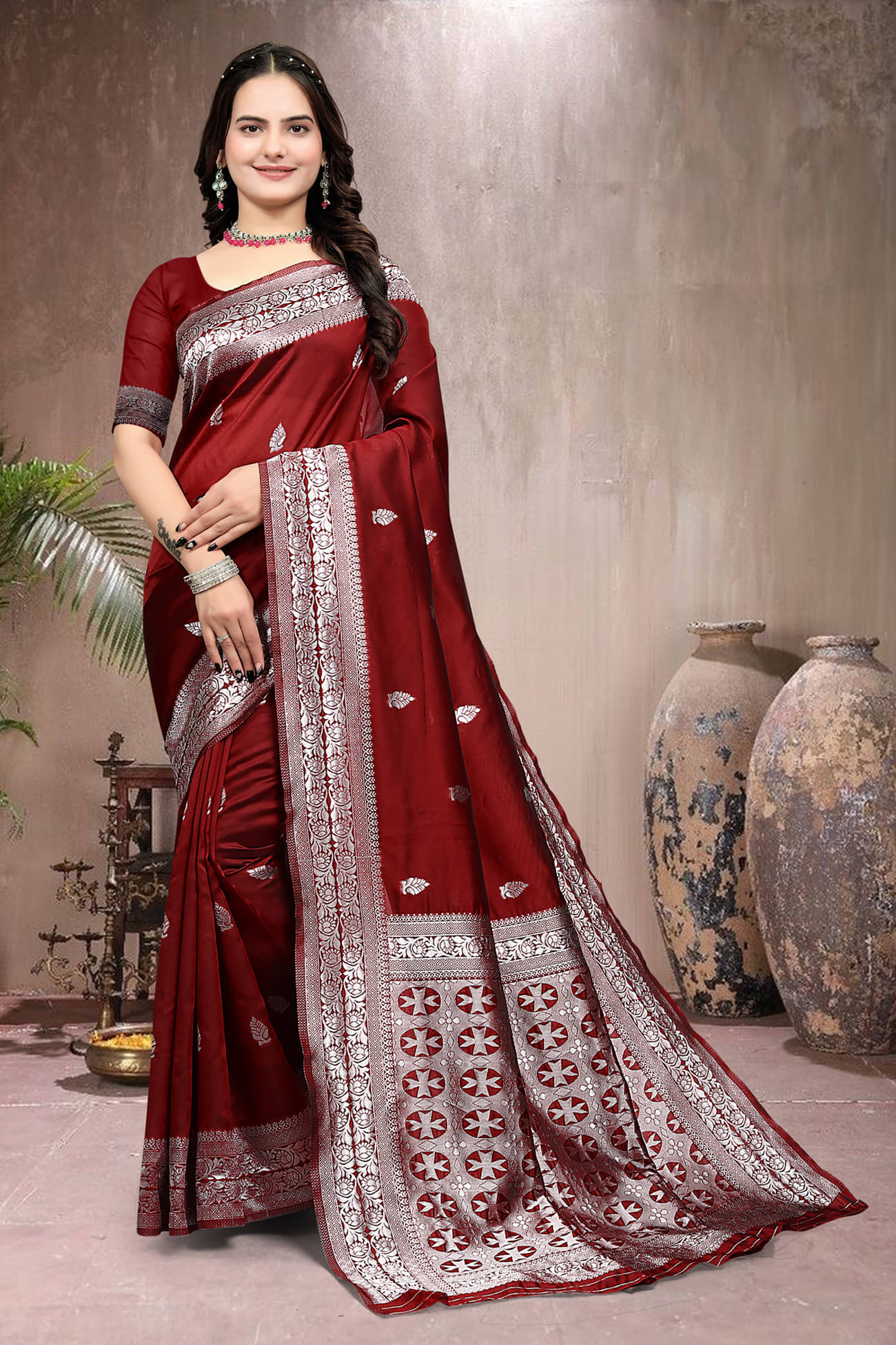Om Shantam Sarees Organza Woven Saree With Unstitched Blouse Piece ( Maroon ) Om Shantam Sarees Organza Woven Saree With Unstitched Blouse Piece ( Maroon )