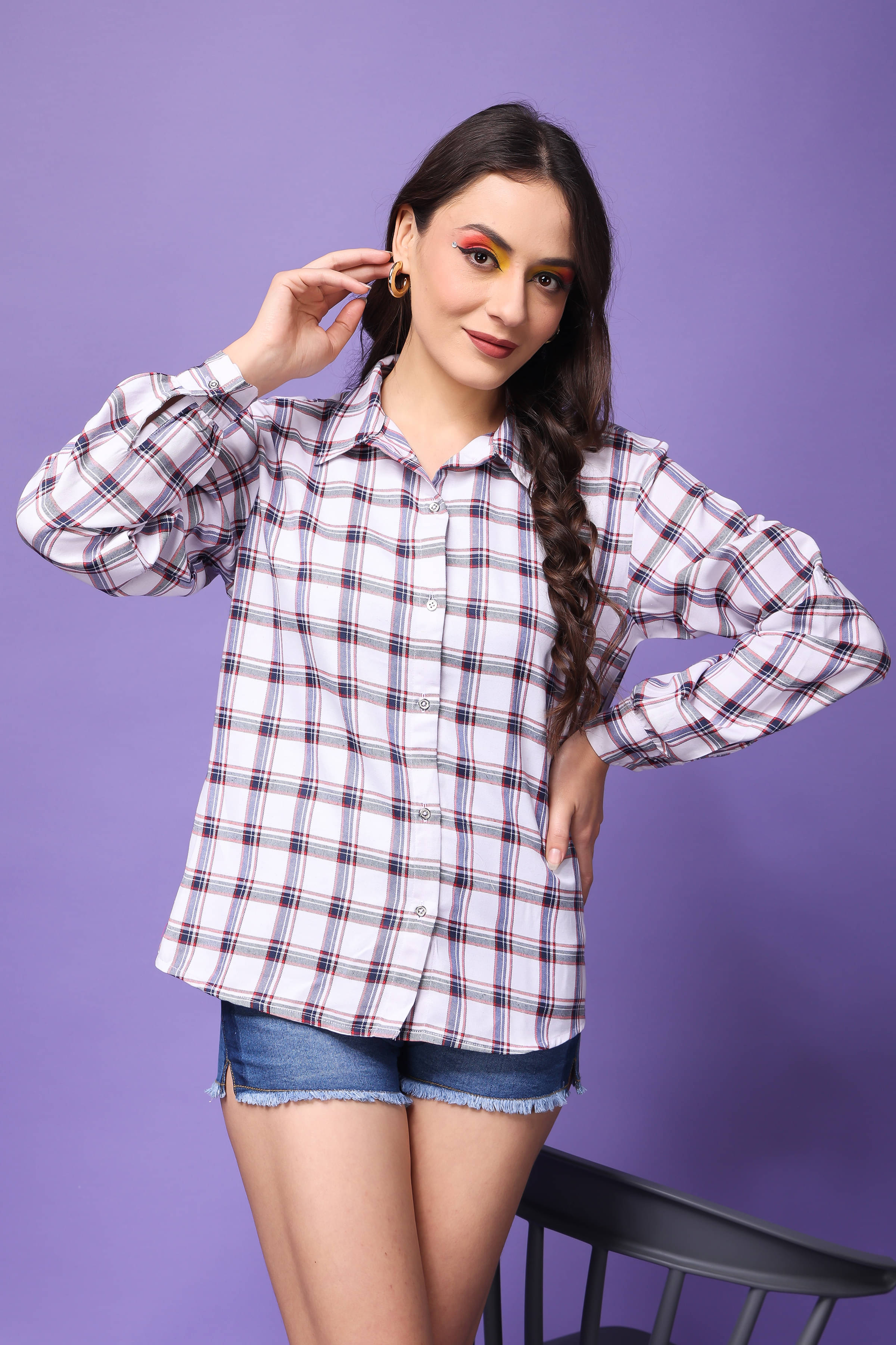 POPWINGS Women Checks Cotton Shirt ( White ) POPWINGS Women Checks Cotton Shirt ( White )