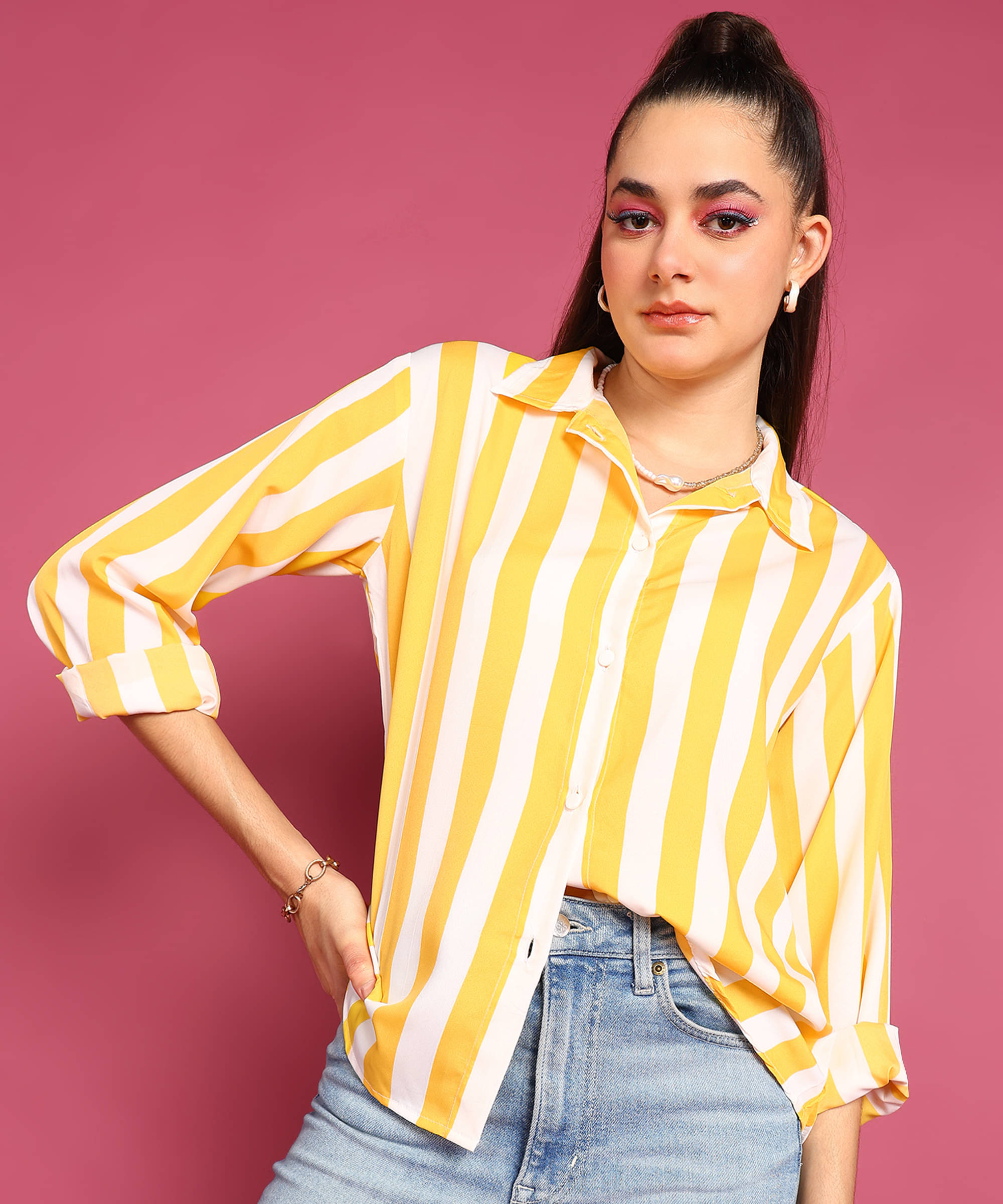     			POPWINGS Women Striped Crepe Shirt ( Yellow )