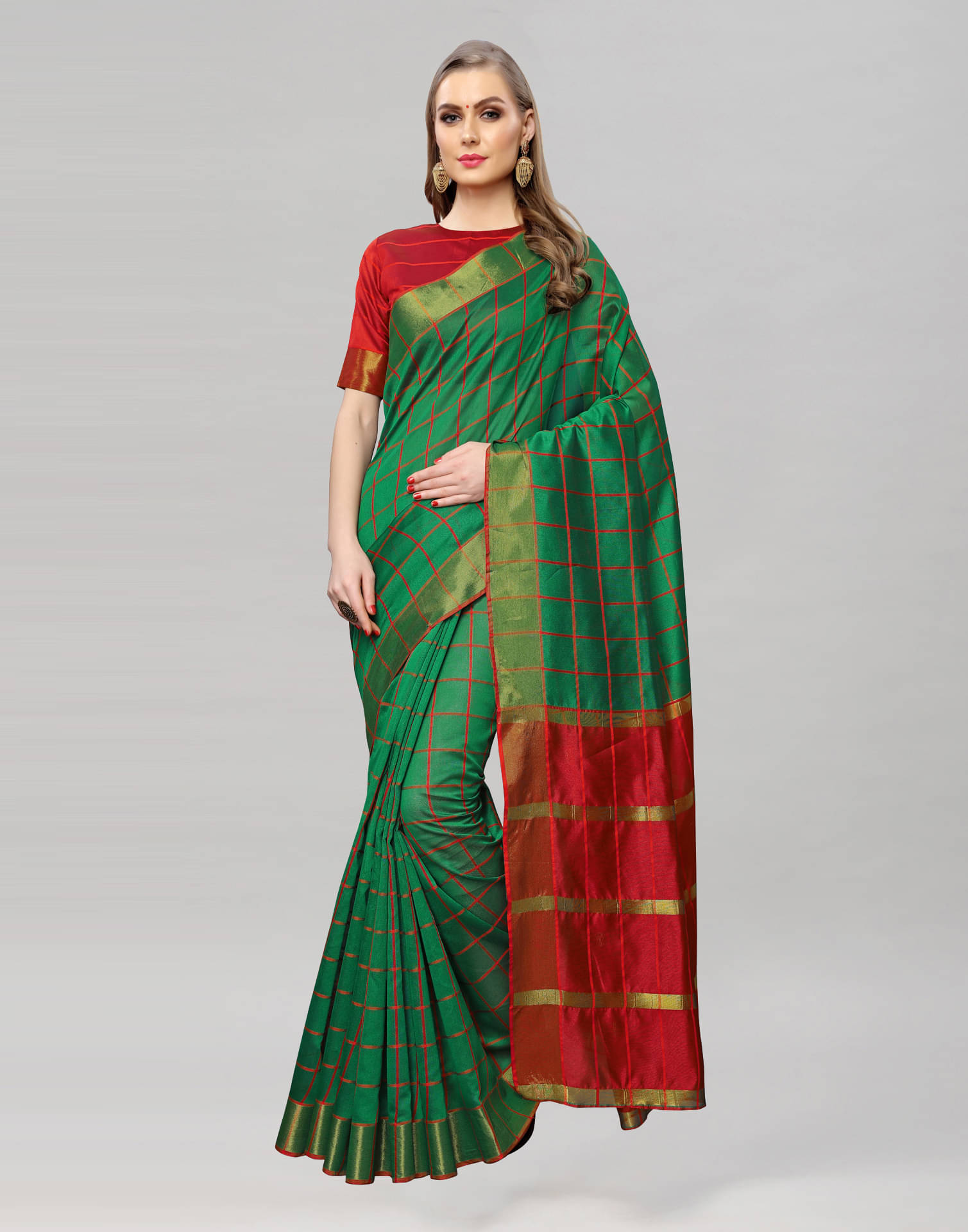 Samah Chanderi Checks Saree With Unstitched Blouse Piece ( Green ) Samah Chanderi Checks Saree With Unstitched Blouse Piece ( Green )