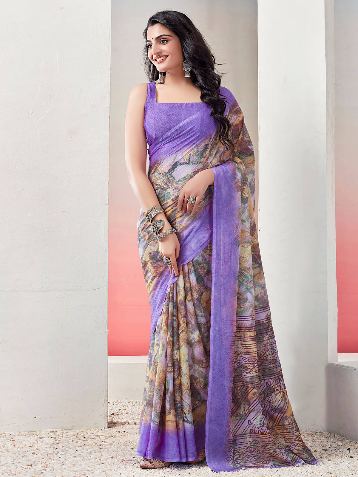 Samah Chiffon Printed Saree With Unstitched Blouse Piece ( Purple ) Samah Chiffon Printed Saree With Unstitched Blouse Piece ( Purple )