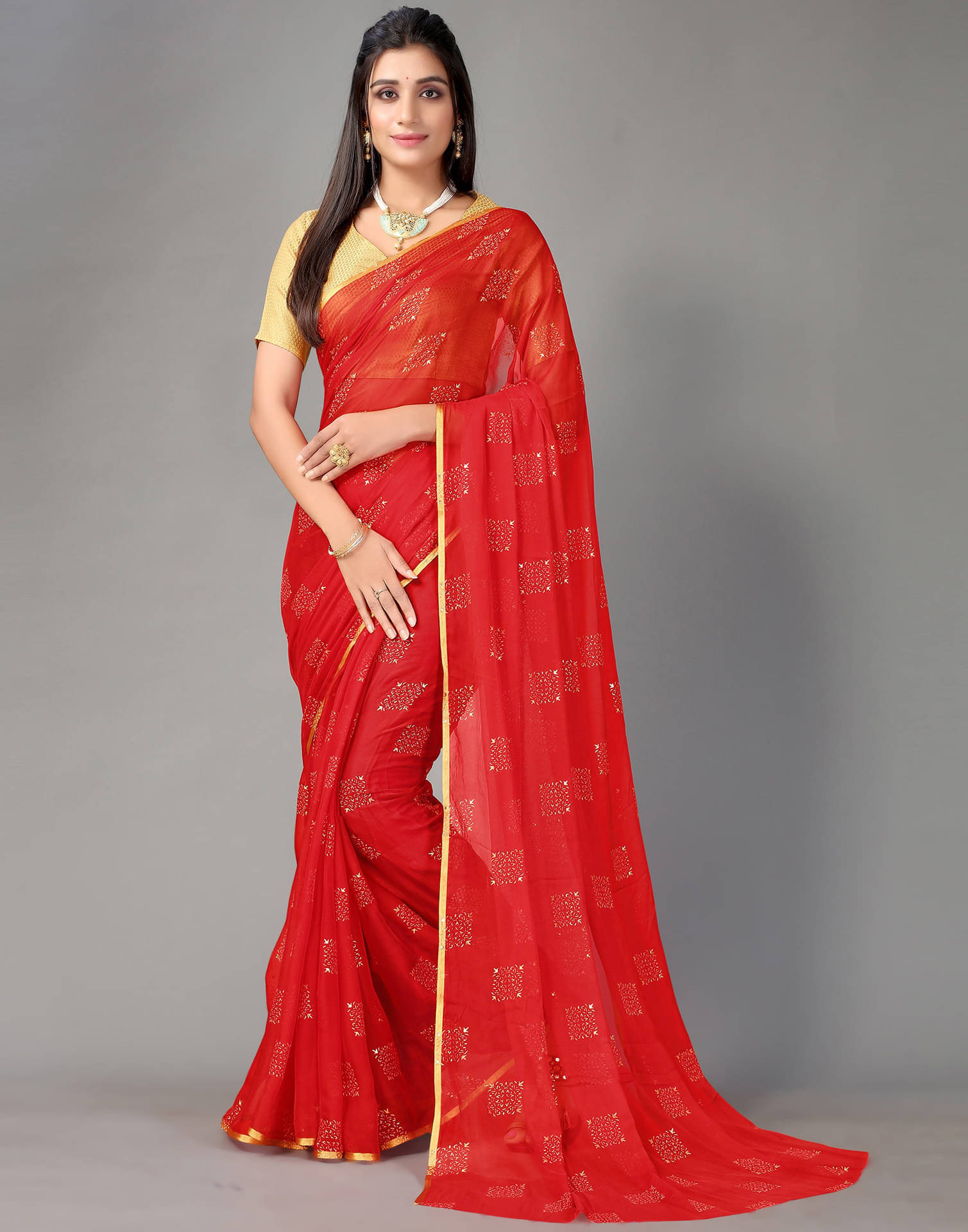     			Samah Chiffon Printed Saree With Unstitched Blouse Piece ( Red )