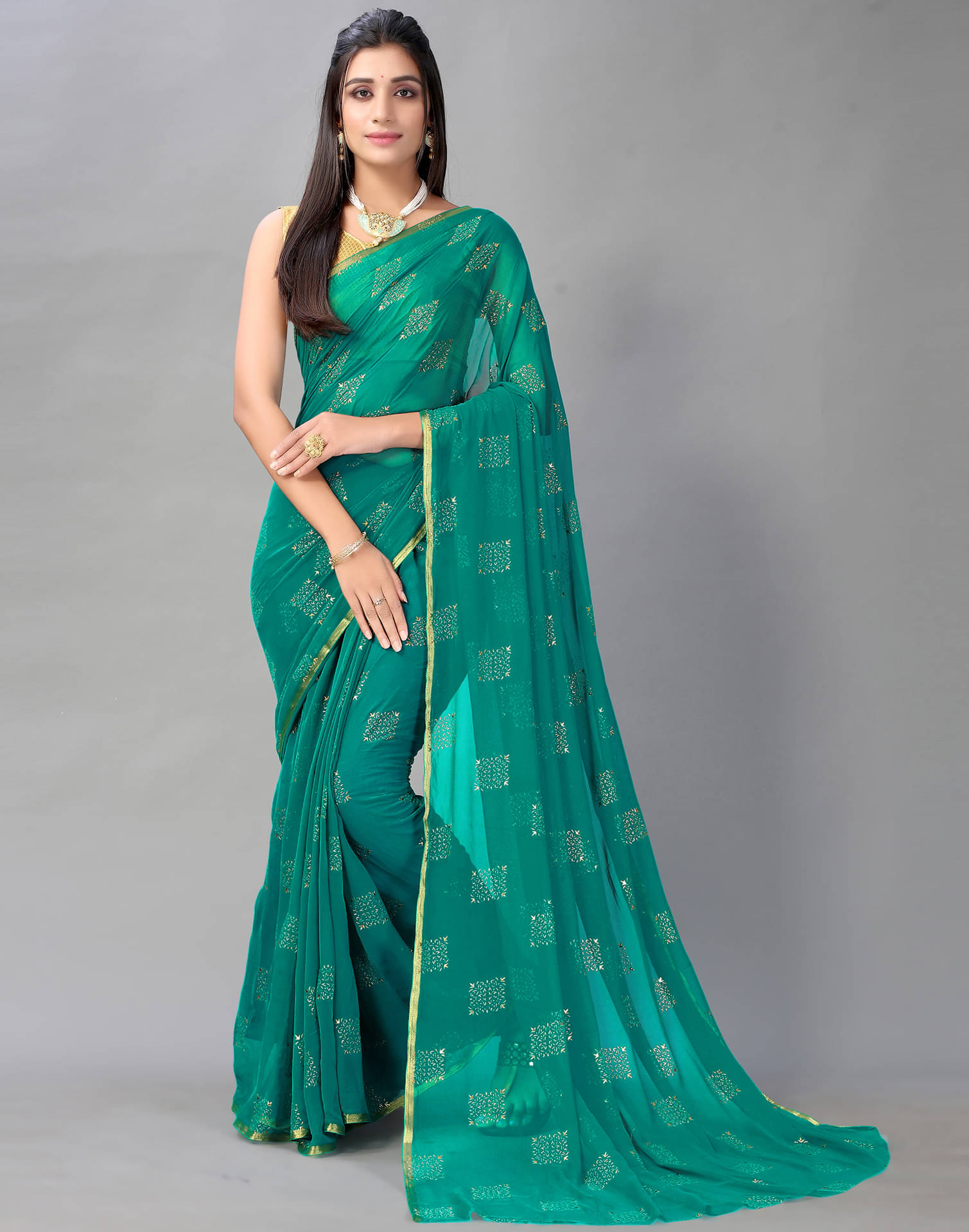 Samah Chiffon Printed Saree With Unstitched Blouse Piece ( Turquoise ) Samah Chiffon Printed Saree With Unstitched Blouse Piece ( Turquoise )