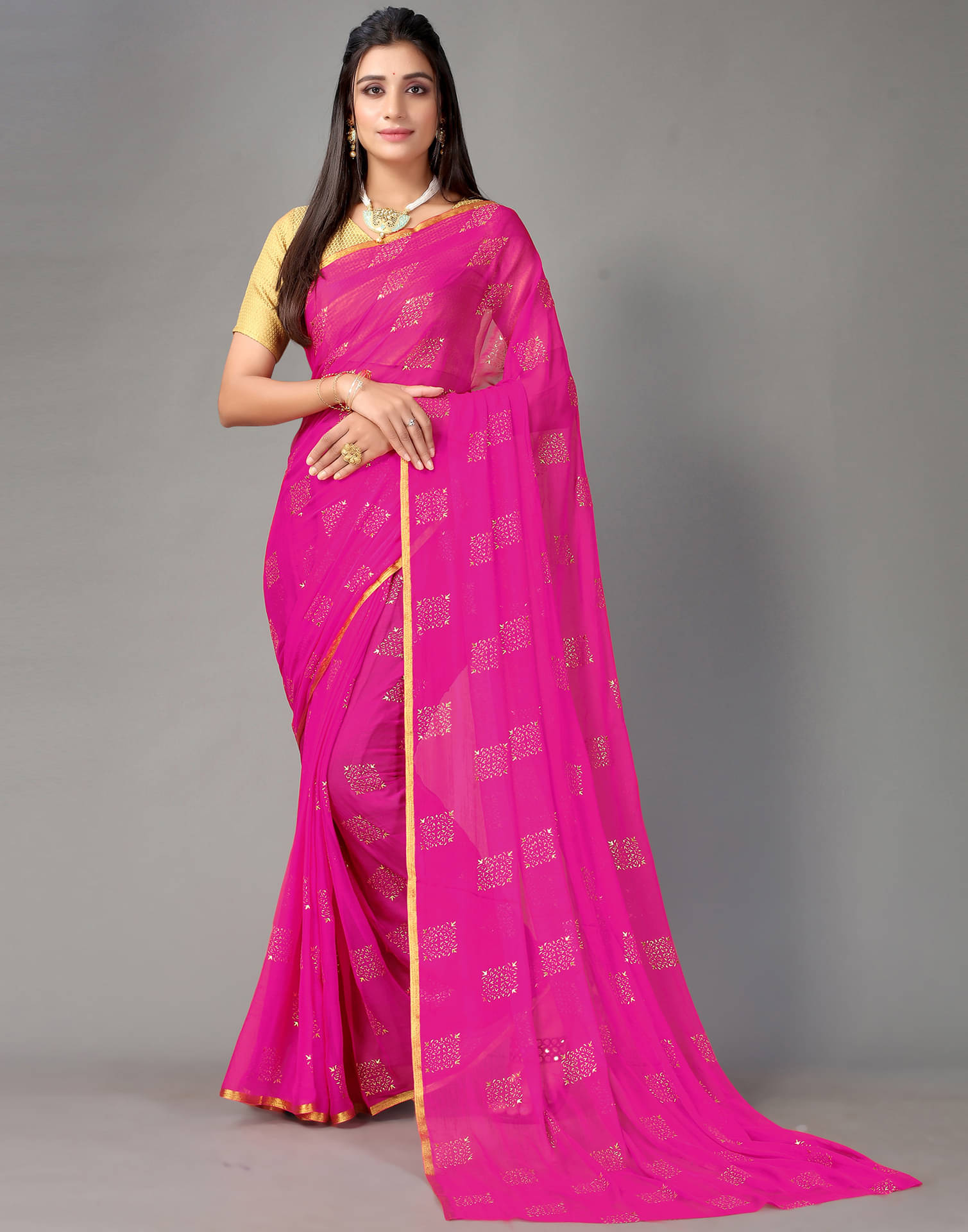     			Samah Chiffon Printed Saree With Unstitched Blouse Piece ( Magenta )