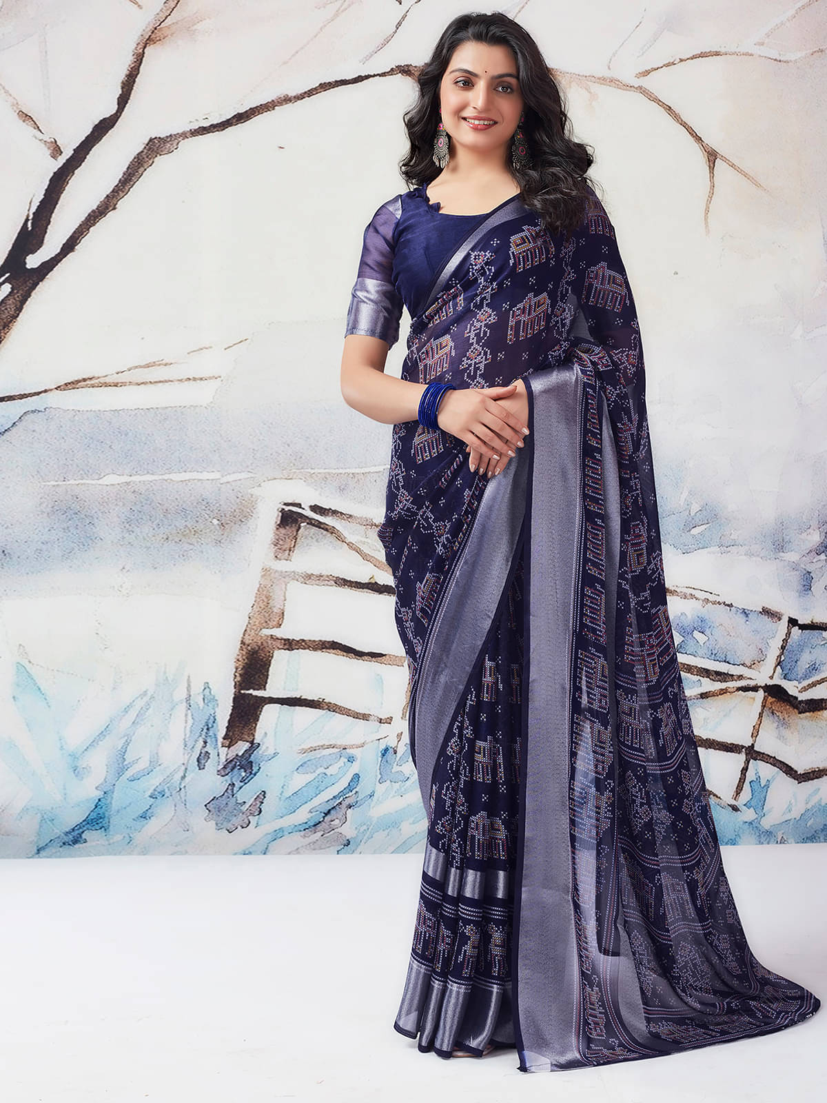    			Samah Chiffon Printed Saree With Unstitched Blouse Piece ( Navy Blue )