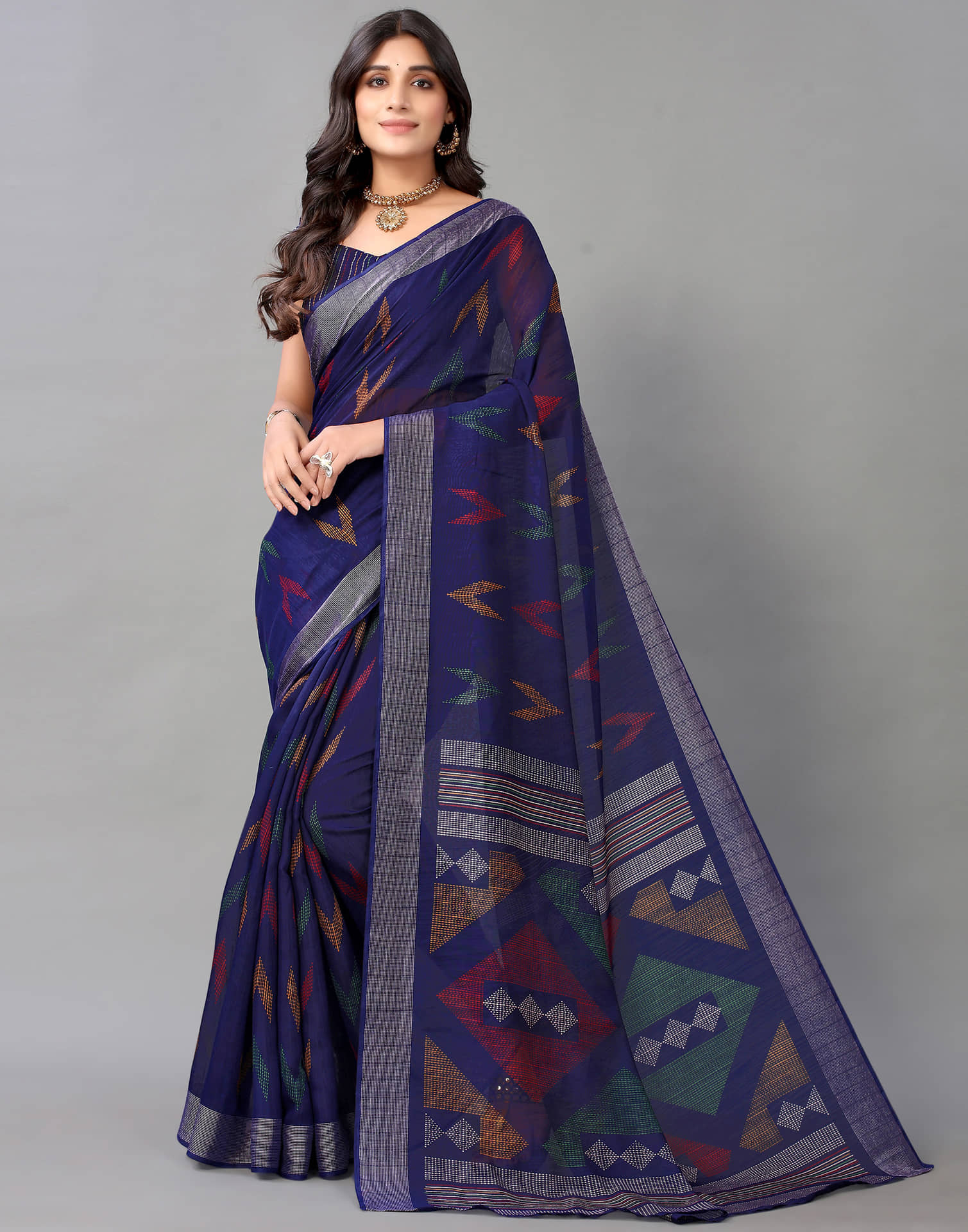 Samah Cotton Printed Saree With Unstitched Blouse Piece ( Navy Blue ) - Sarees | Buy online on ZillyBuy