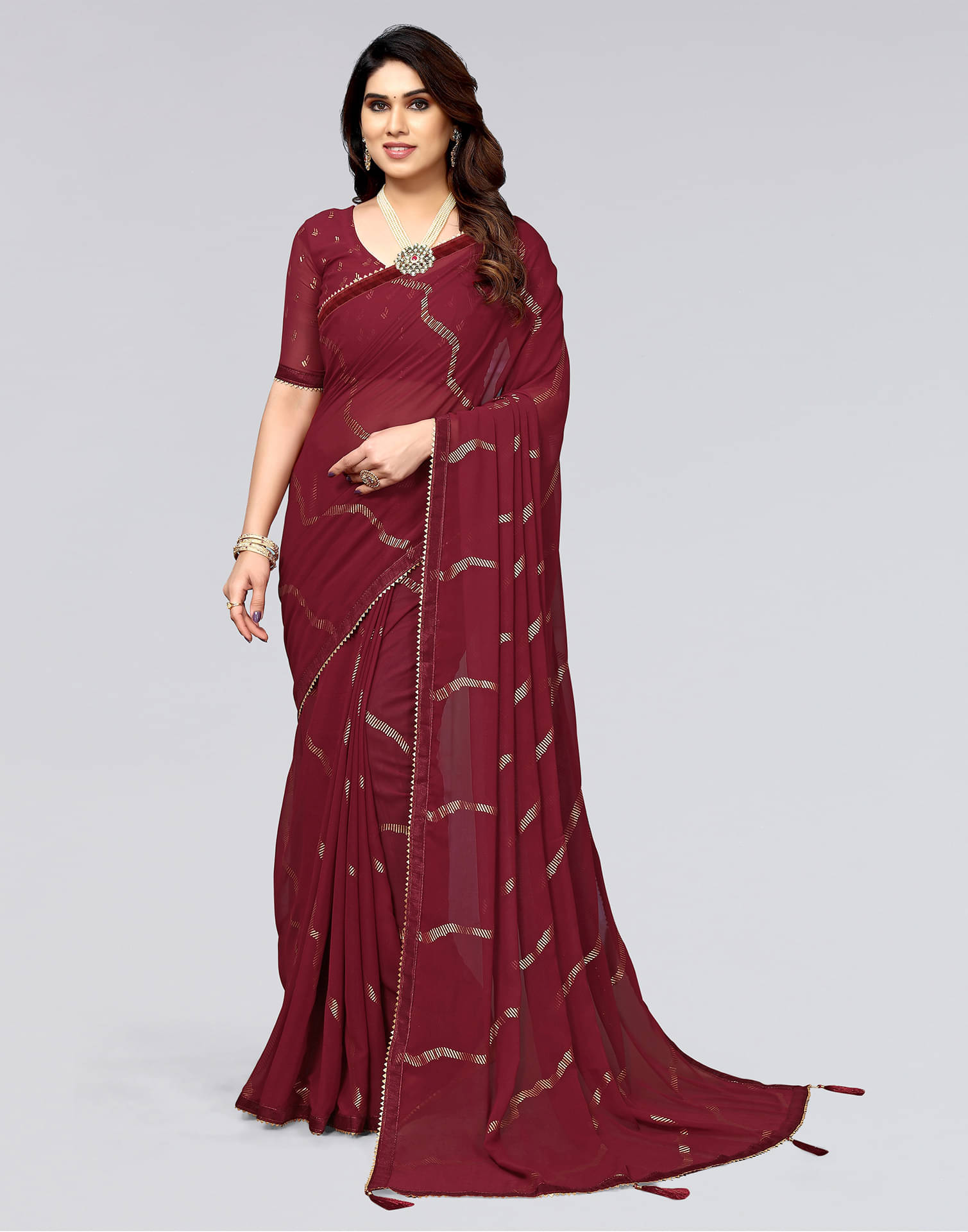     			Samah Georgette Printed Saree With Unstitched Blouse Piece ( Maroon )